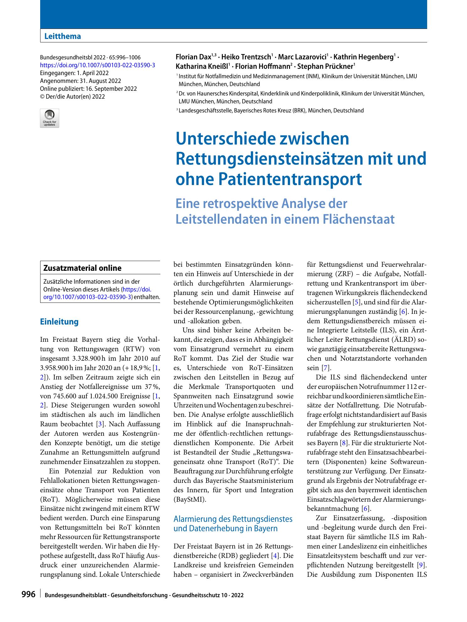 Vorschauseite 1: Unterschiede zwischen Rettungsdiensteinsätzen mit und ohne Patiententransport