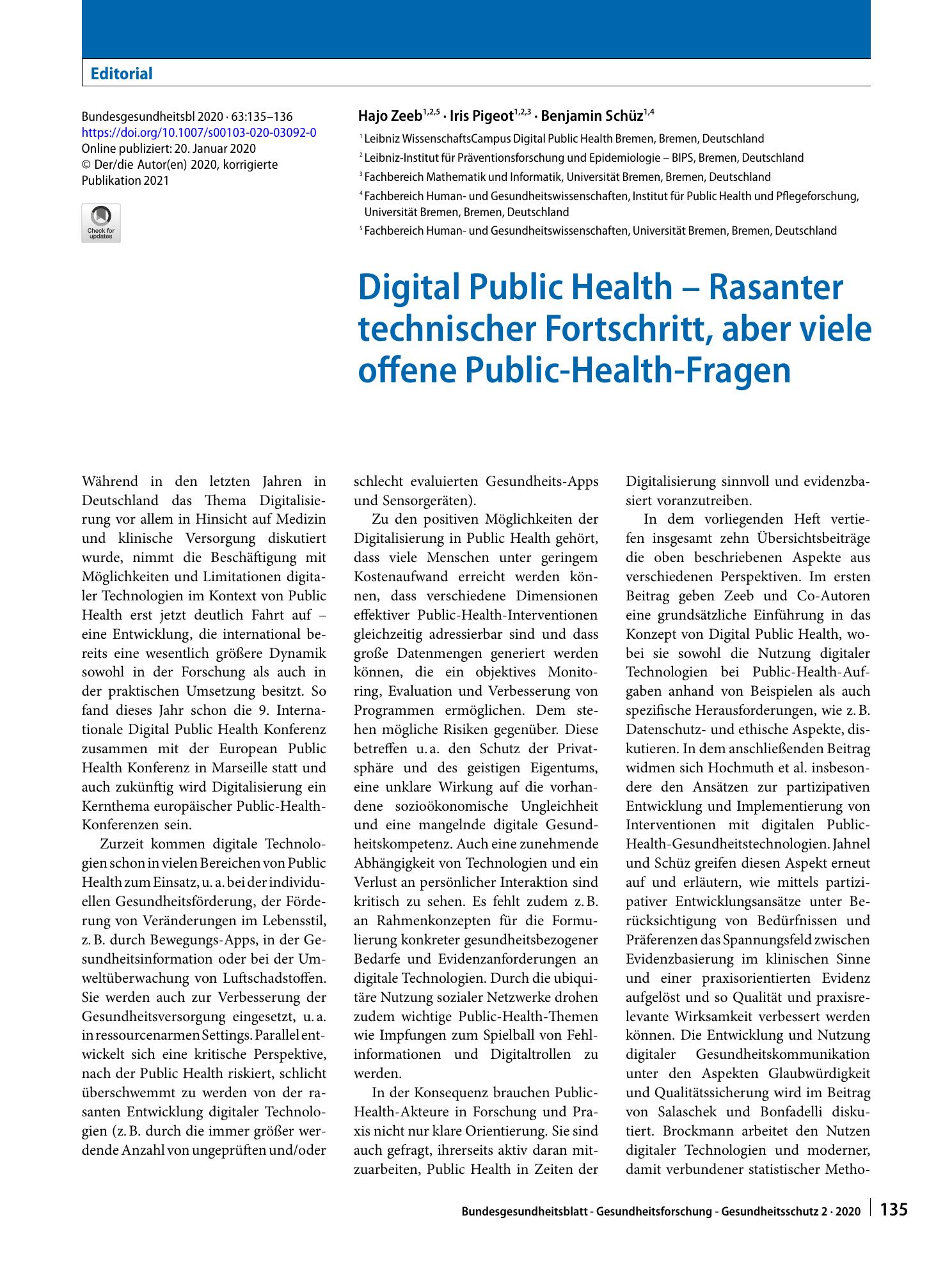 Vorschauseite 1: Digital Public Health – Rasanter technischer Fortschritt, aber viele offene Public-Health-Fragen