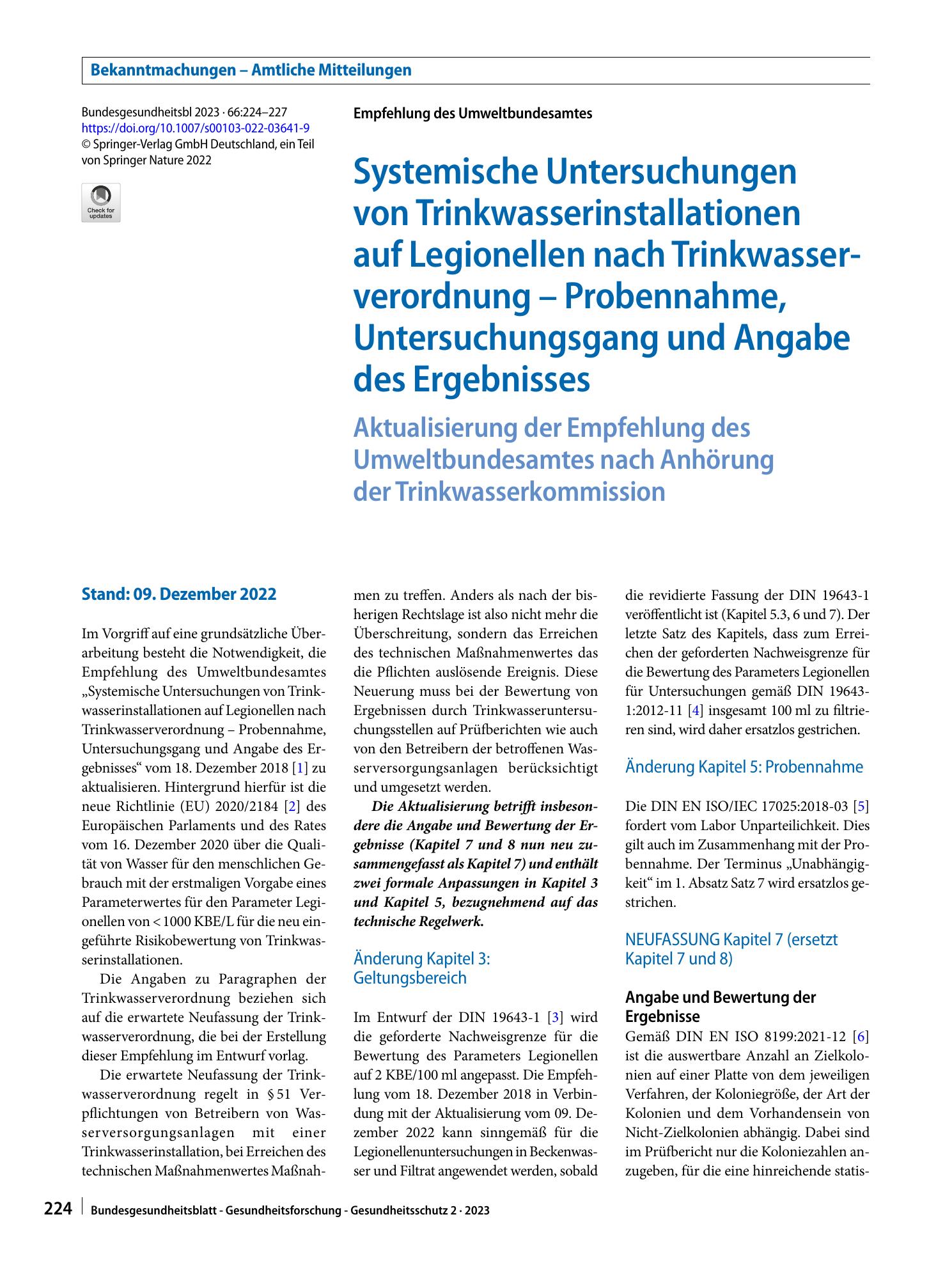 Vorschauseite 1: Systemische Untersuchungen von Trinkwasserinstallationen auf Legionellen nach Trinkwasserverordnung – Probennahme, Untersuchungsgang und Angabe des Ergebnisses