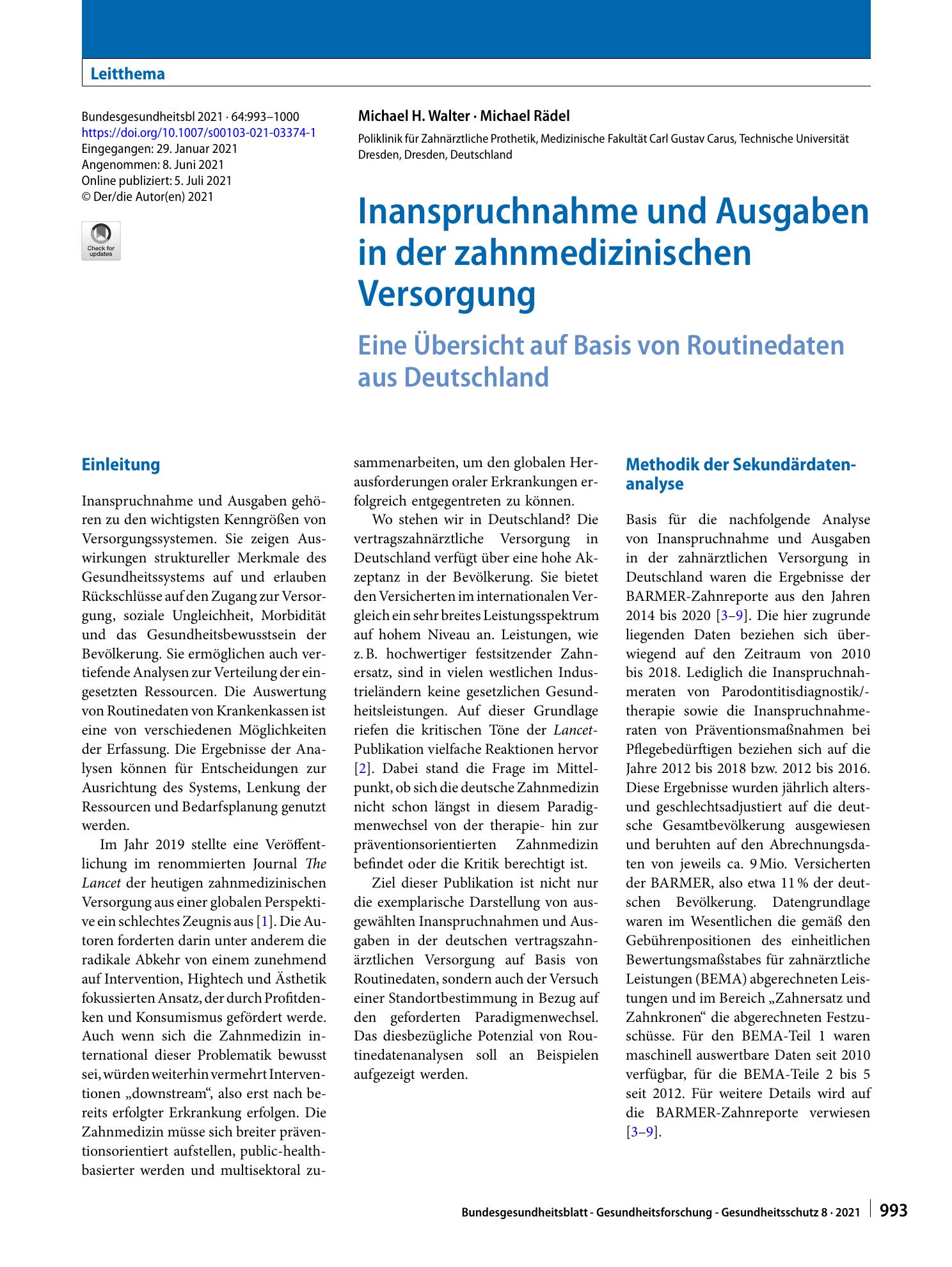 Vorschauseite 1: Inanspruchnahme und Ausgaben in der zahnmedizinischen Versorgung