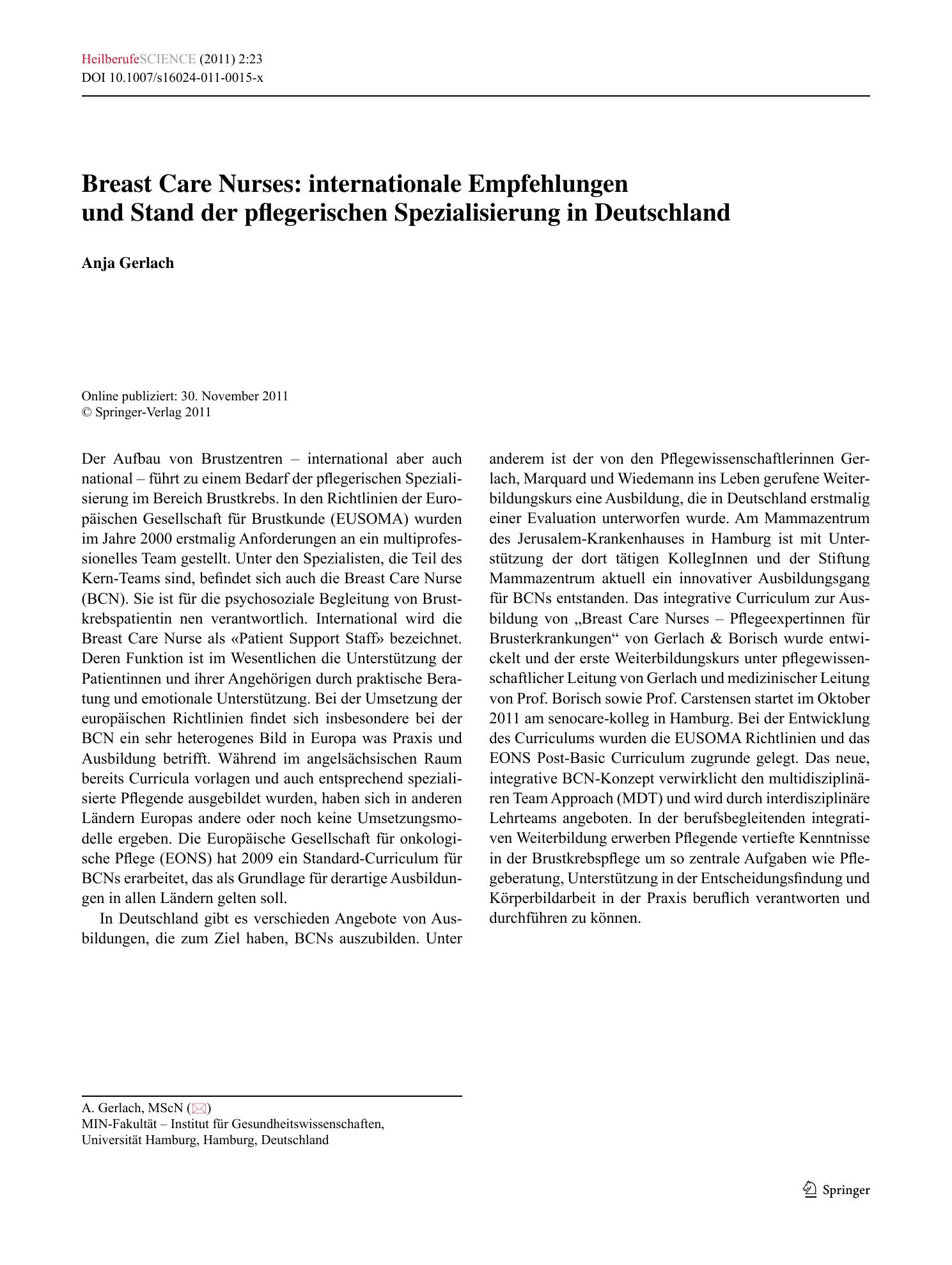 Vorschauseite 1: Breast Care Nurses: internationale Empfehlungen und Stand der pflegerischen Spezialisierung in Deutschland