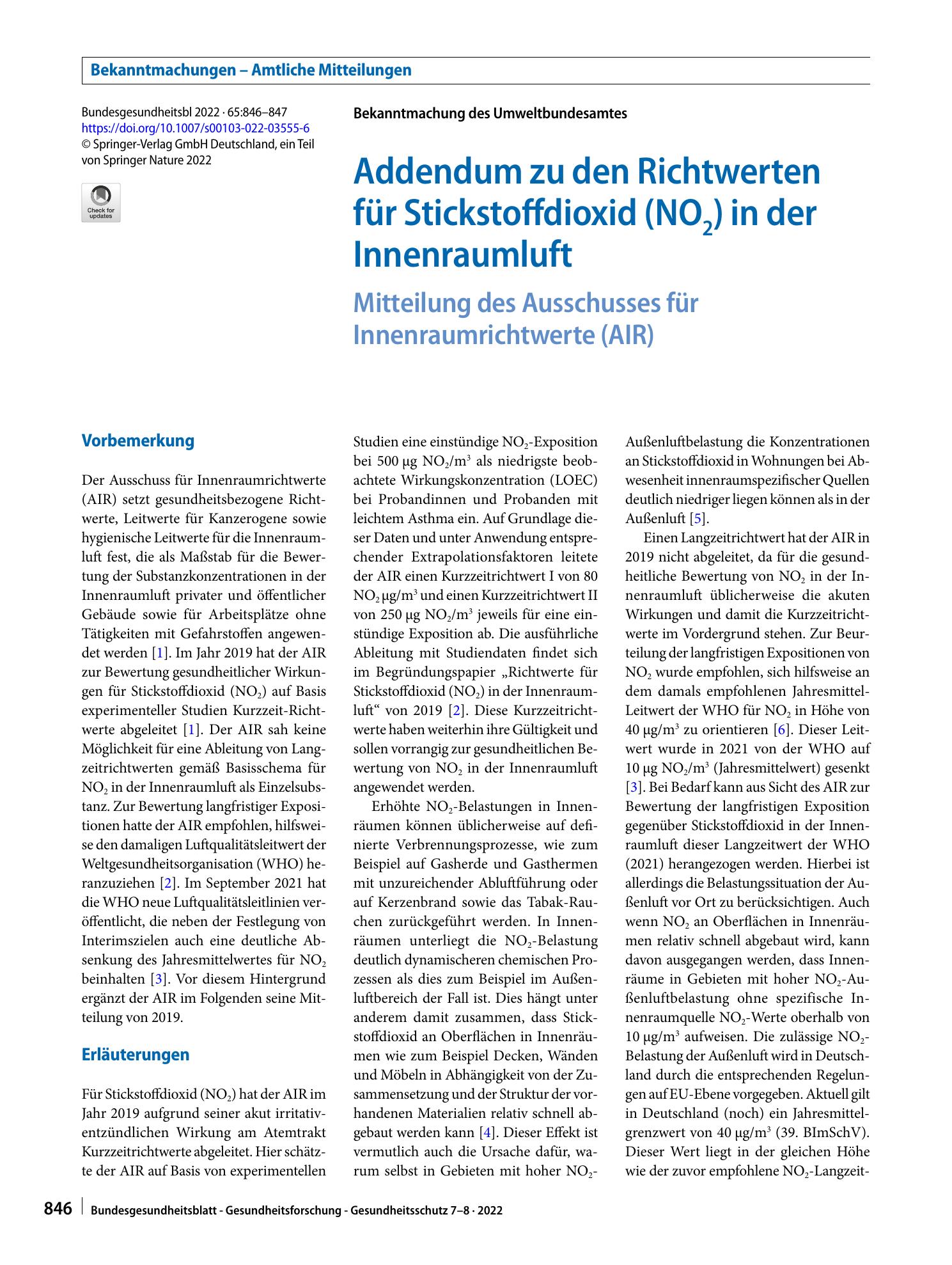Vorschauseite 1: Addendum zu den Richtwerten für Stickstoffdioxid (NO2) in der Innenraumluft