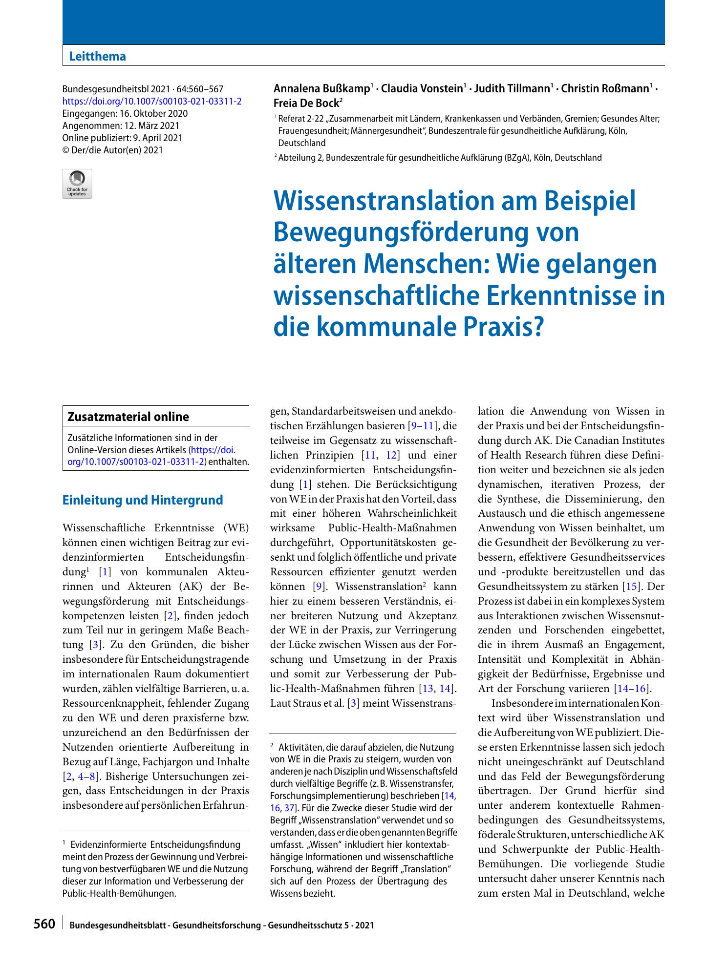 Vorschauseite 1: Wissenstranslation am Beispiel Bewegungsförderung von älteren Menschen: Wie gelangen wissenschaftliche Erkenntnisse in die kommunale Praxis?