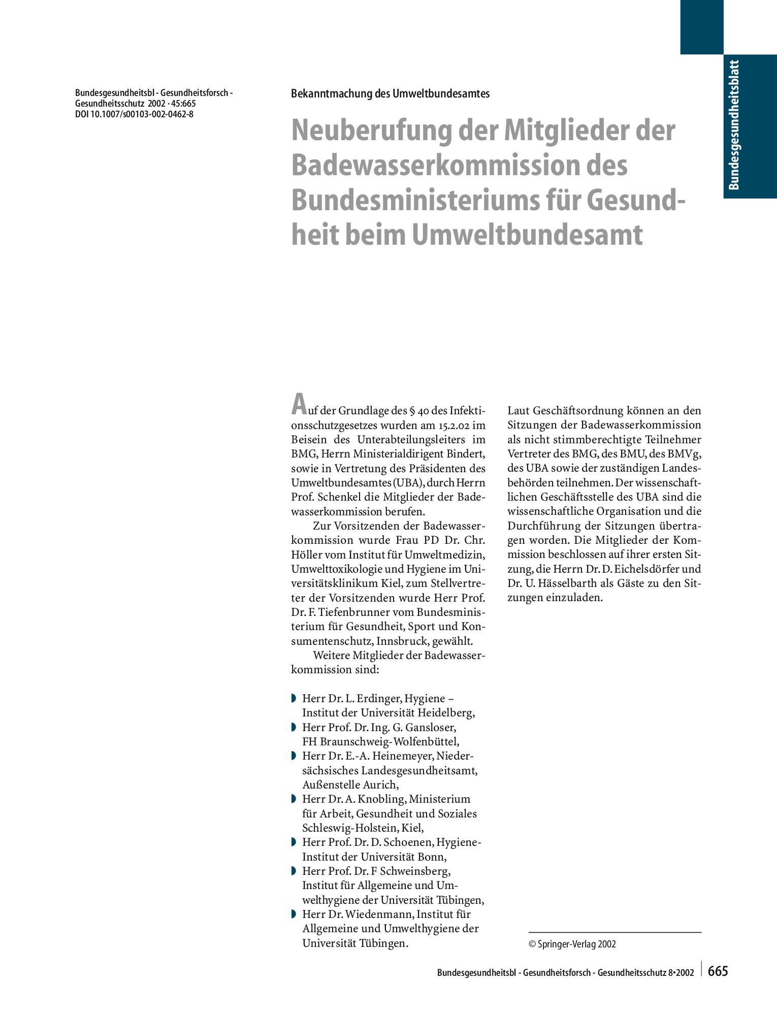 Vorschauseite 1: Neuberufung der Mitglieder der Badewasserkommission des Bundesministeriums für Gesundheit beim Umweltbundesamt