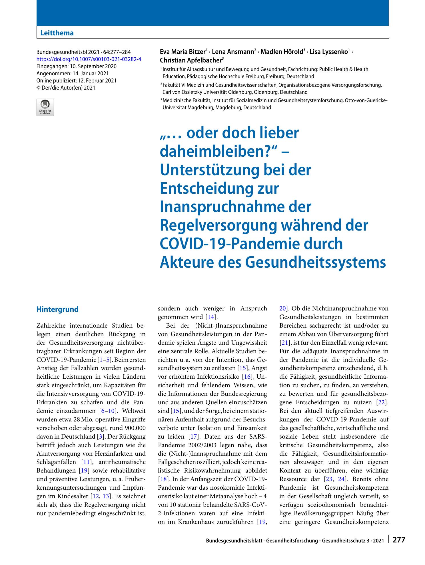 Vorschauseite 1: „… oder doch lieber daheimbleiben?“ – Unterstützung bei der Entscheidung zur Inanspruchnahme der Regelversorgung während der COVID-19-Pandemie durch Akteure des Gesundheitssystems