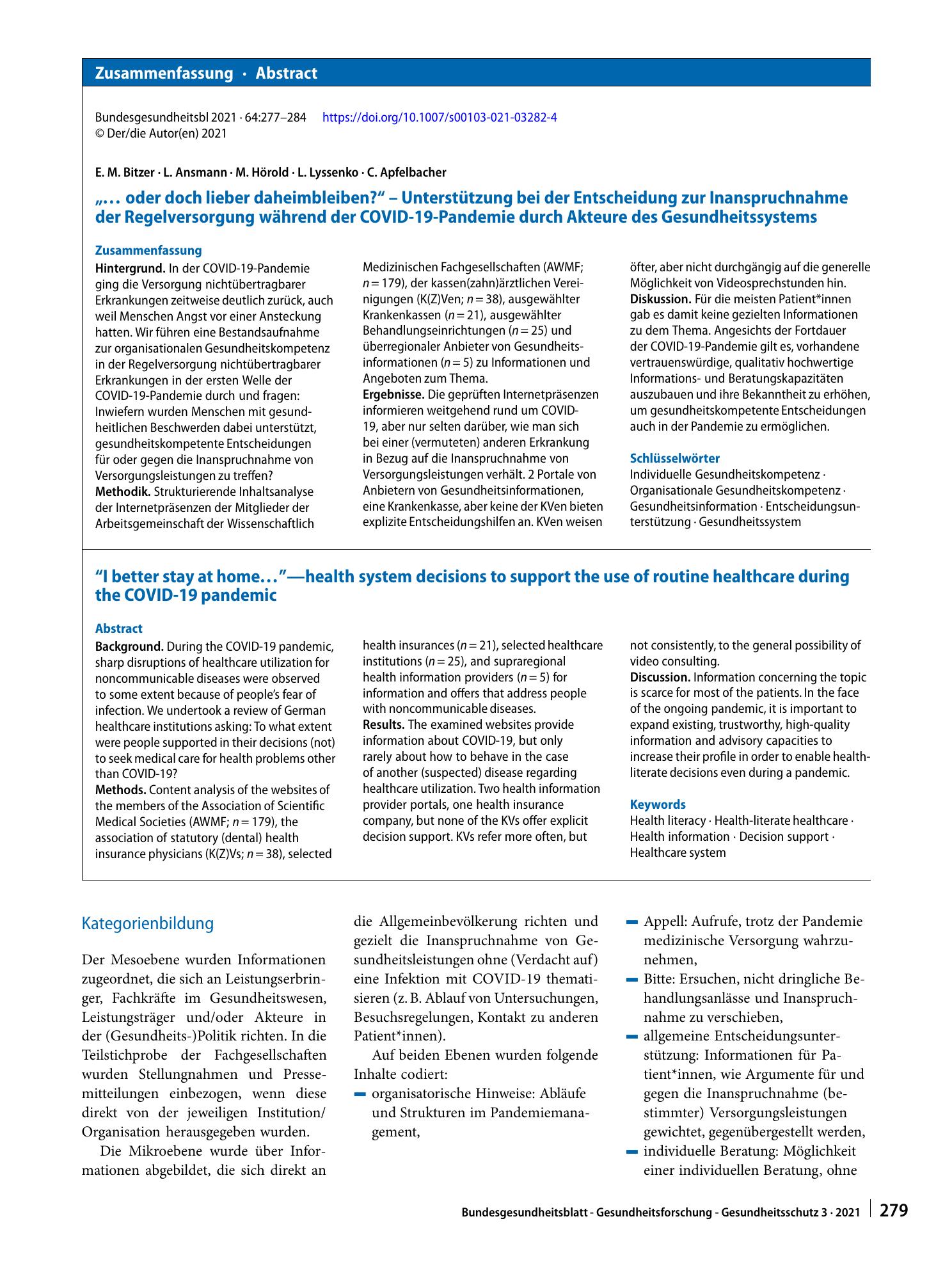 Vorschauseite 3: „… oder doch lieber daheimbleiben?“ – Unterstützung bei der Entscheidung zur Inanspruchnahme der Regelversorgung während der COVID-19-Pandemie durch Akteure des Gesundheitssystems