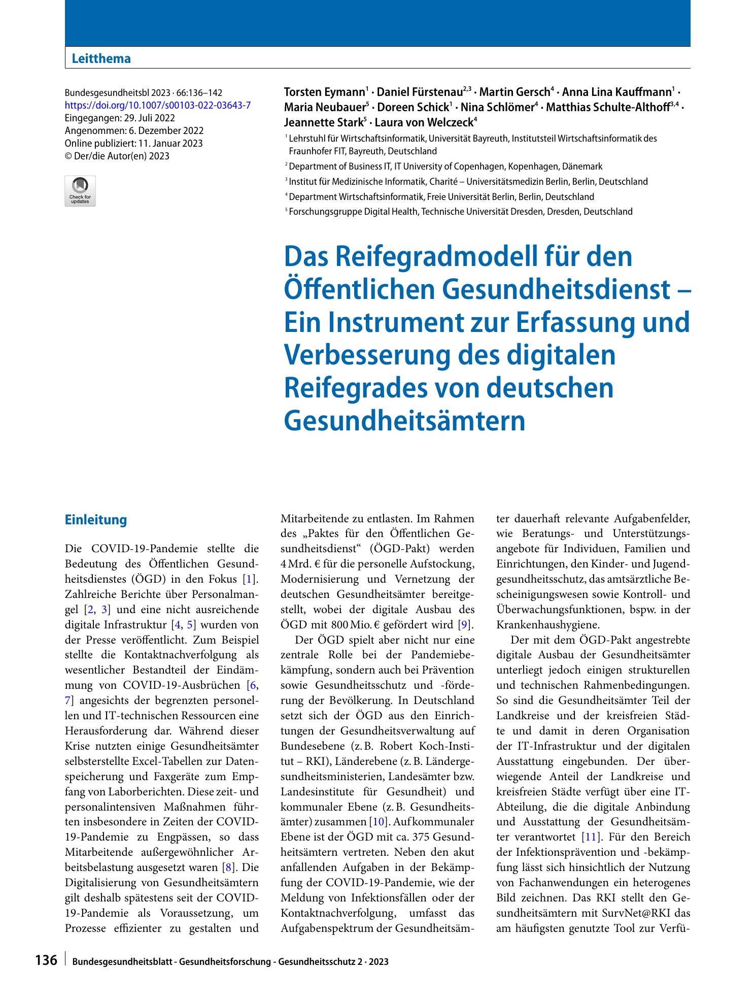Vorschauseite 1: Das Reifegradmodell für den Öffentlichen Gesundheitsdienst – Ein Instrument zur Erfassung und Verbesserung des digitalen Reifegrades von deutschen Gesundheitsämtern