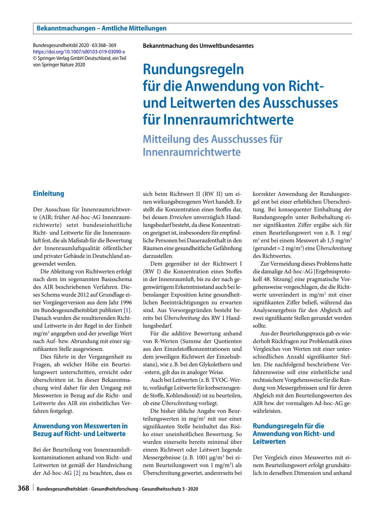 Vorschauseite 1: Rundungsregeln für die Anwendung von Richt- und Leitwerten des Ausschusses für Innenraumrichtwerte