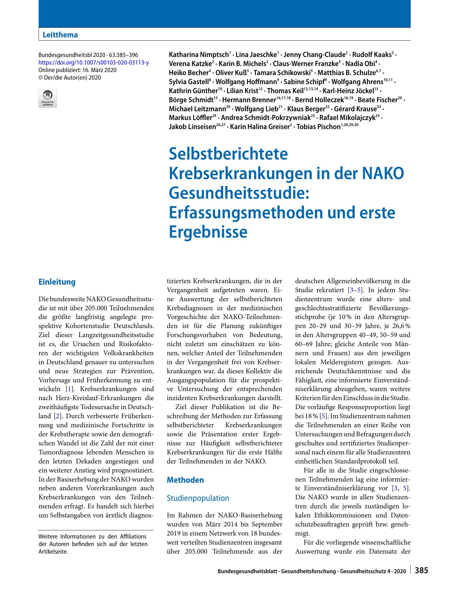 Vorschauseite 1: Selbstberichtete Krebserkrankungen in der NAKO Gesundheitsstudie: Erfassungsmethoden und erste Ergebnisse