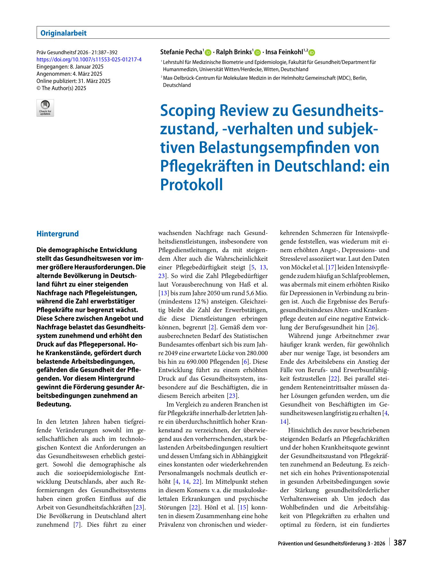 Vorschauseite 1: Scoping Review zu Gesundheitszustand, -verhalten und subjektiven Belastungsempfinden von Pflegekräften in Deutschland: ein Protokoll