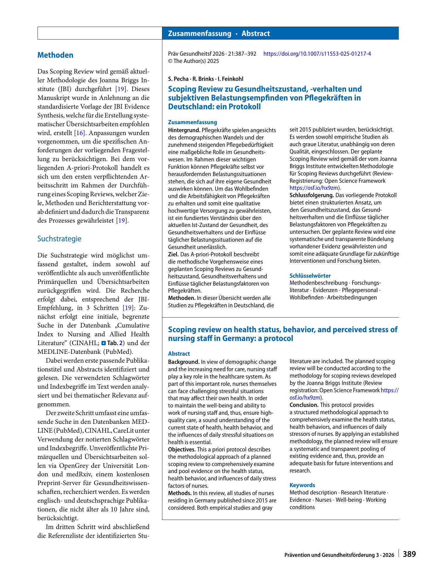 Vorschauseite 3: Scoping Review zu Gesundheitszustand, -verhalten und subjektiven Belastungsempfinden von Pflegekräften in Deutschland: ein Protokoll