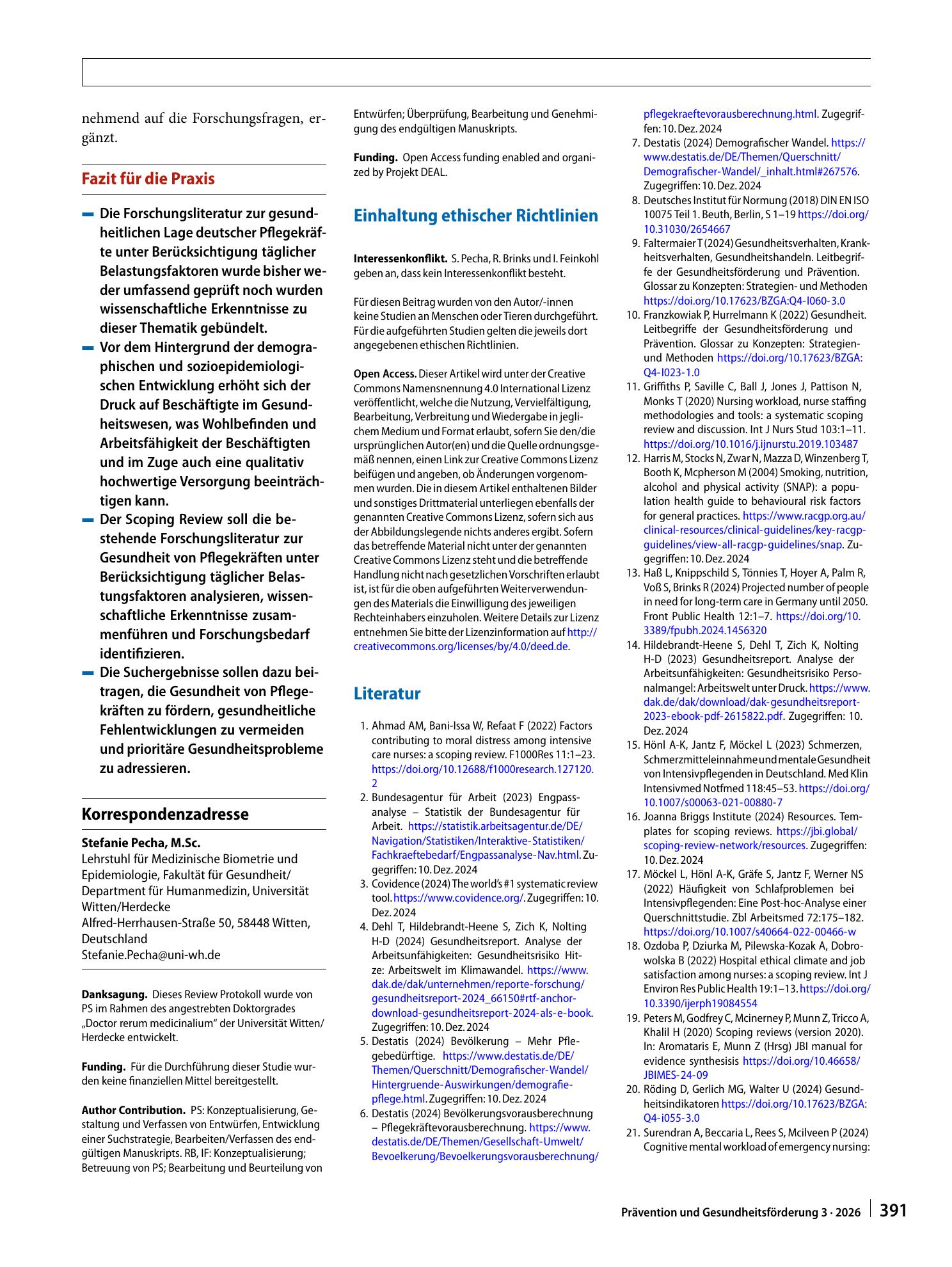 Vorschauseite 5: Scoping Review zu Gesundheitszustand, -verhalten und subjektiven Belastungsempfinden von Pflegekräften in Deutschland: ein Protokoll