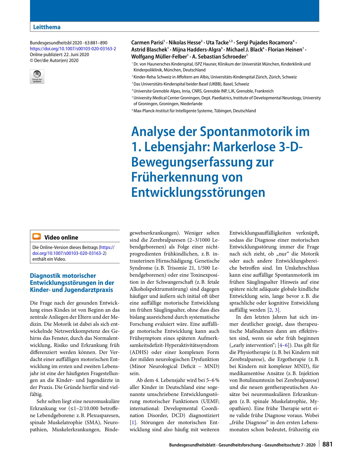 Vorschauseite 1: Analyse der Spontanmotorik im 1. Lebensjahr: Markerlose 3-D-Bewegungserfassung zur Früherkennung von Entwicklungsstörungen