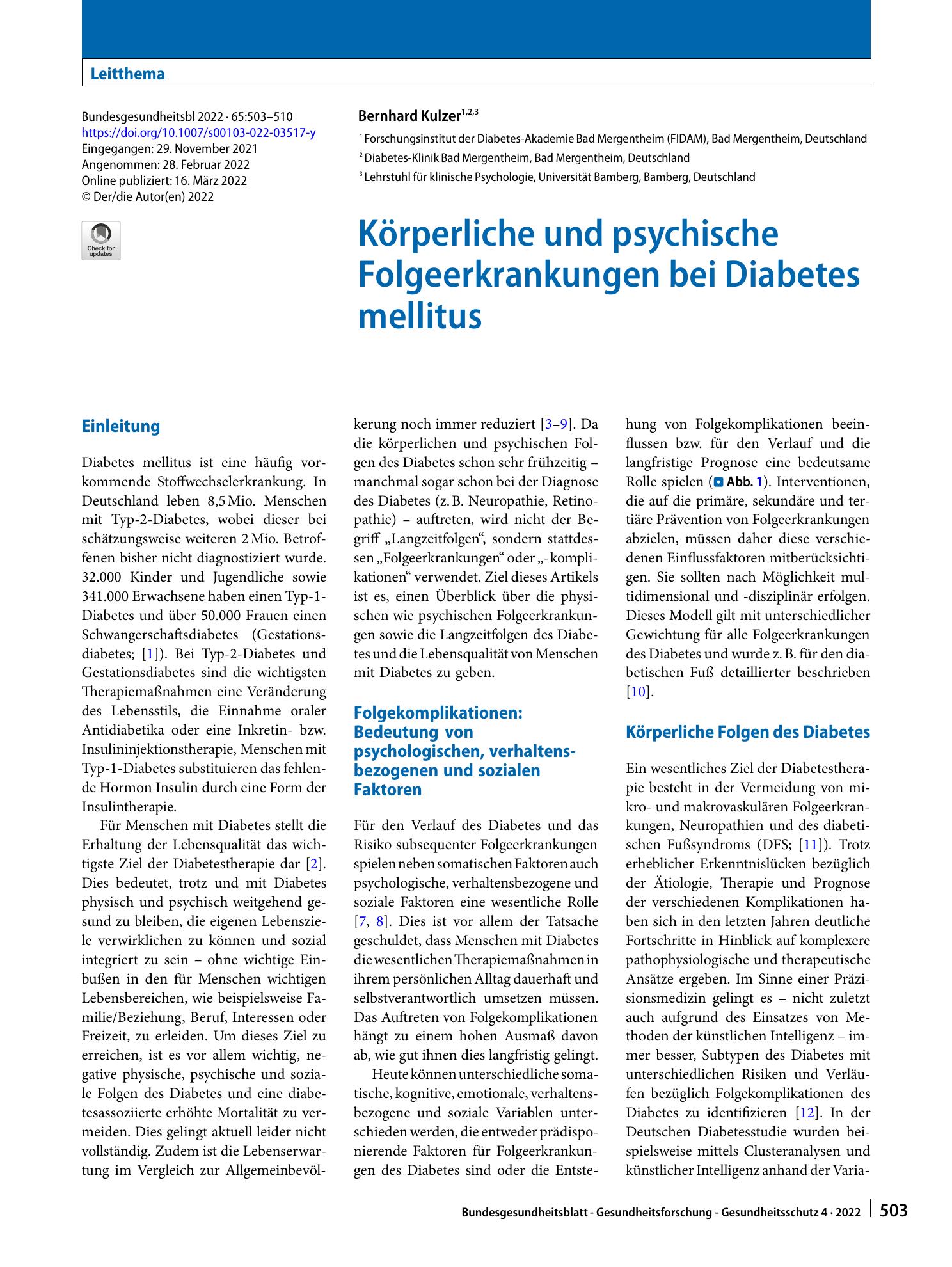 Vorschauseite 1: Körperliche und psychische Folgeerkrankungen bei Diabetes mellitus