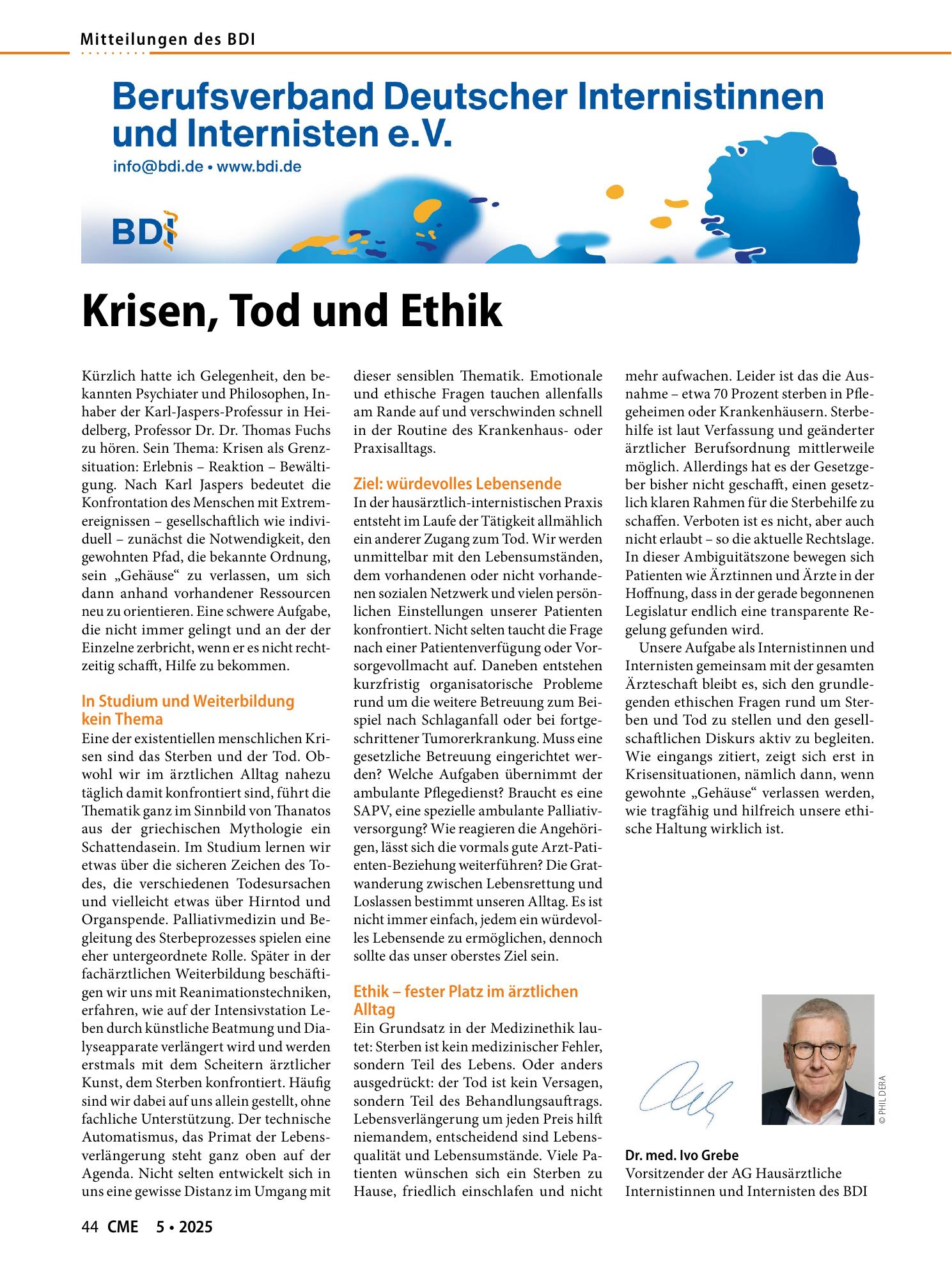Vorschauseite 1: Krisen, Tod und Ethik