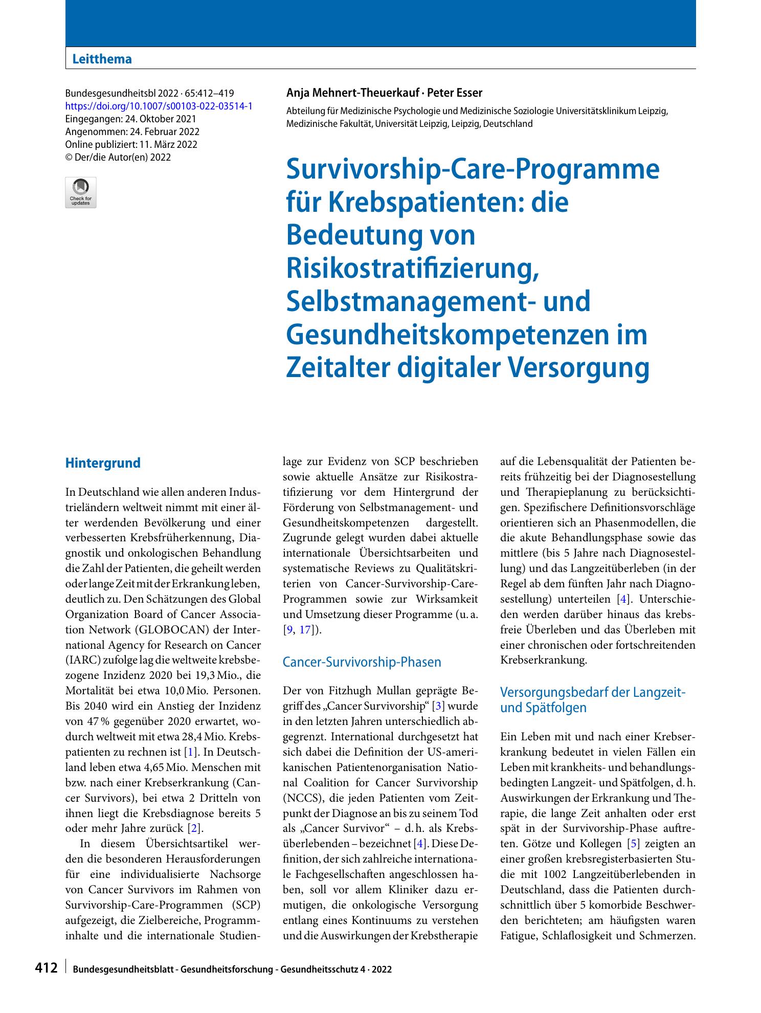 Vorschauseite 1: Survivorship-Care-Programme für Krebspatienten: die Bedeutung von Risikostratifizierung, Selbstmanagement- und Gesundheitskompetenzen im Zeitalter digitaler Versorgung