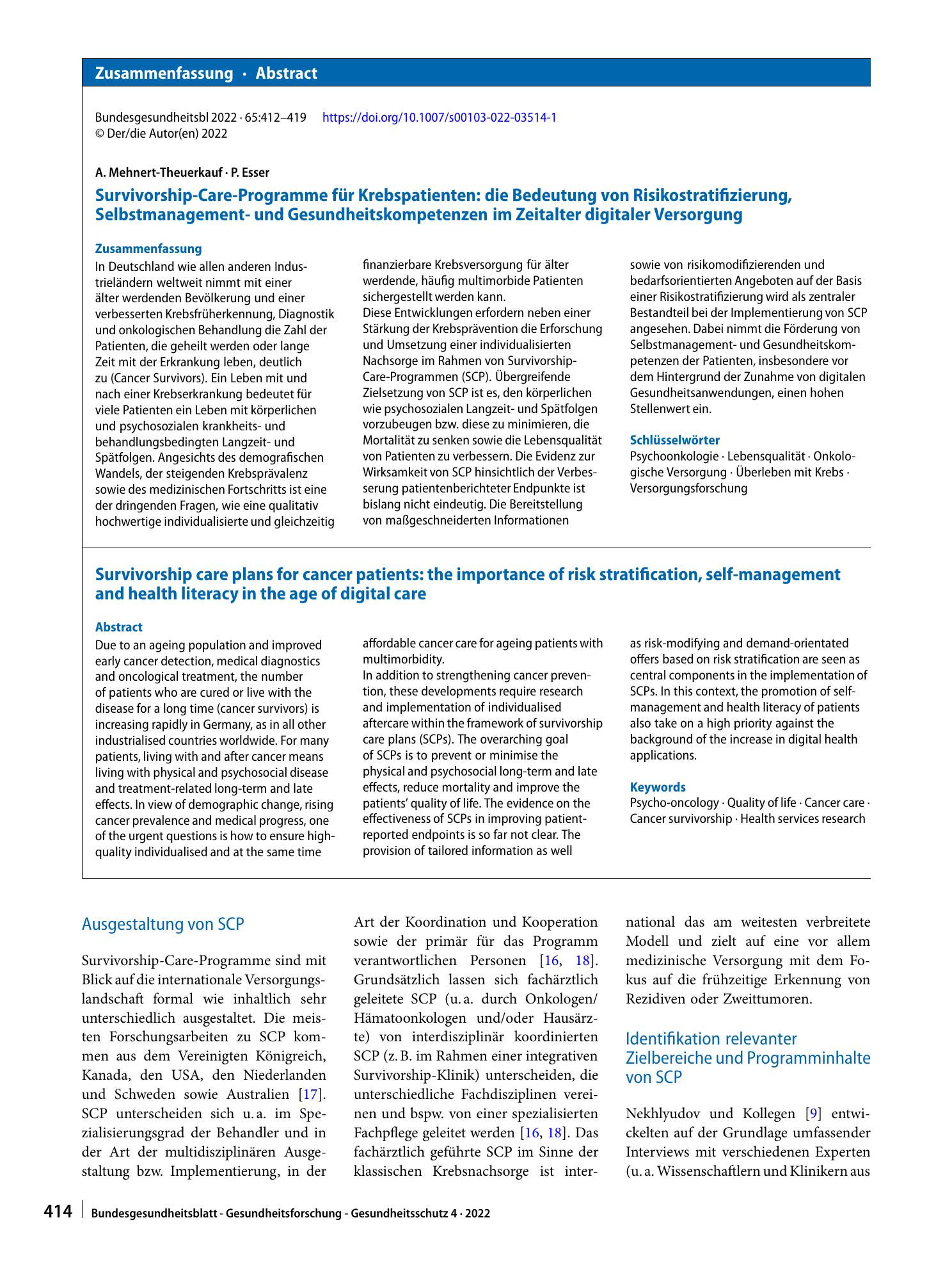 Vorschauseite 3: Survivorship-Care-Programme für Krebspatienten: die Bedeutung von Risikostratifizierung, Selbstmanagement- und Gesundheitskompetenzen im Zeitalter digitaler Versorgung