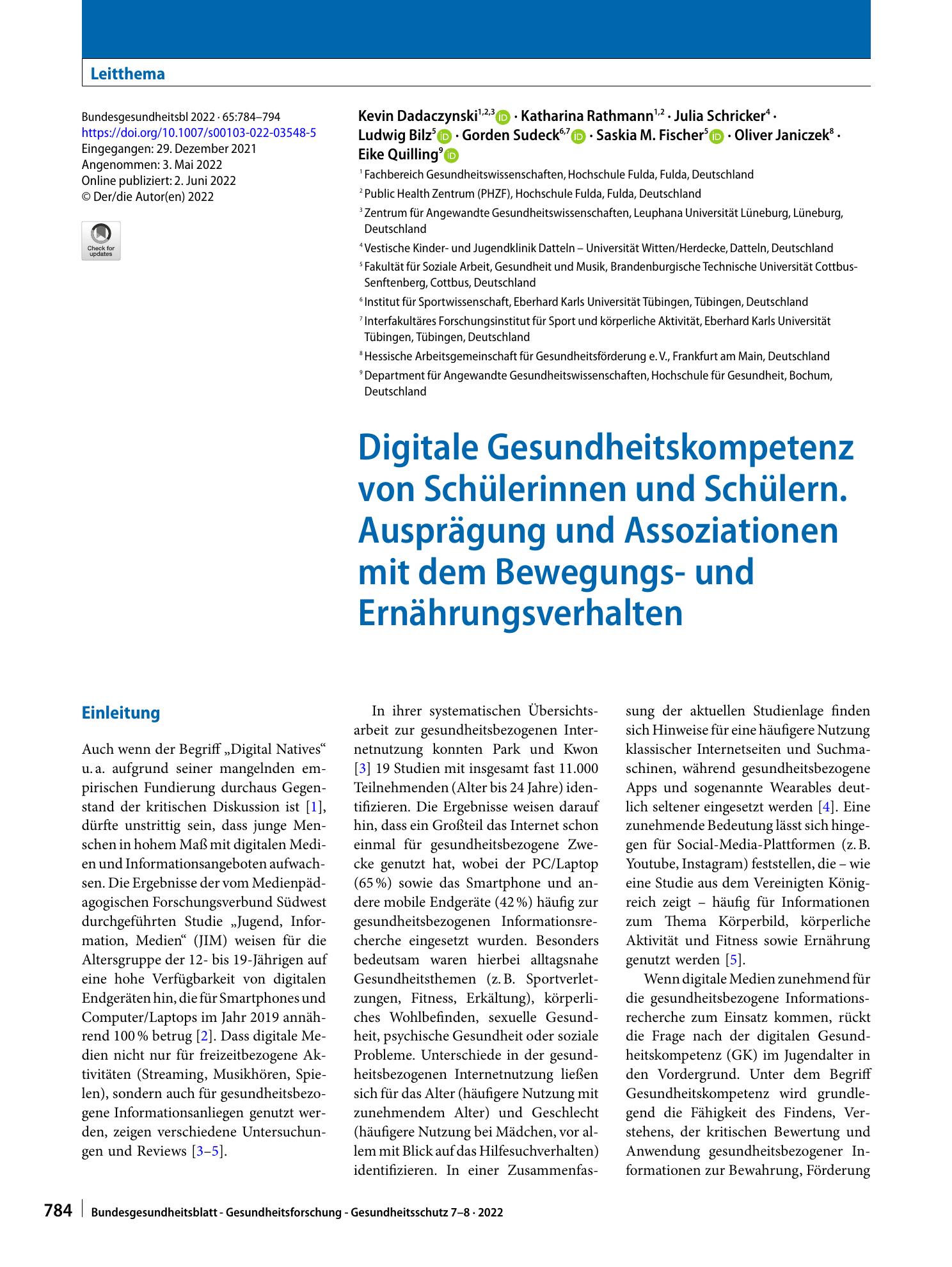 Vorschauseite 1: Digitale Gesundheitskompetenz von Schülerinnen und Schülern. Ausprägung und Assoziationen mit dem Bewegungs- und Ernährungsverhalten