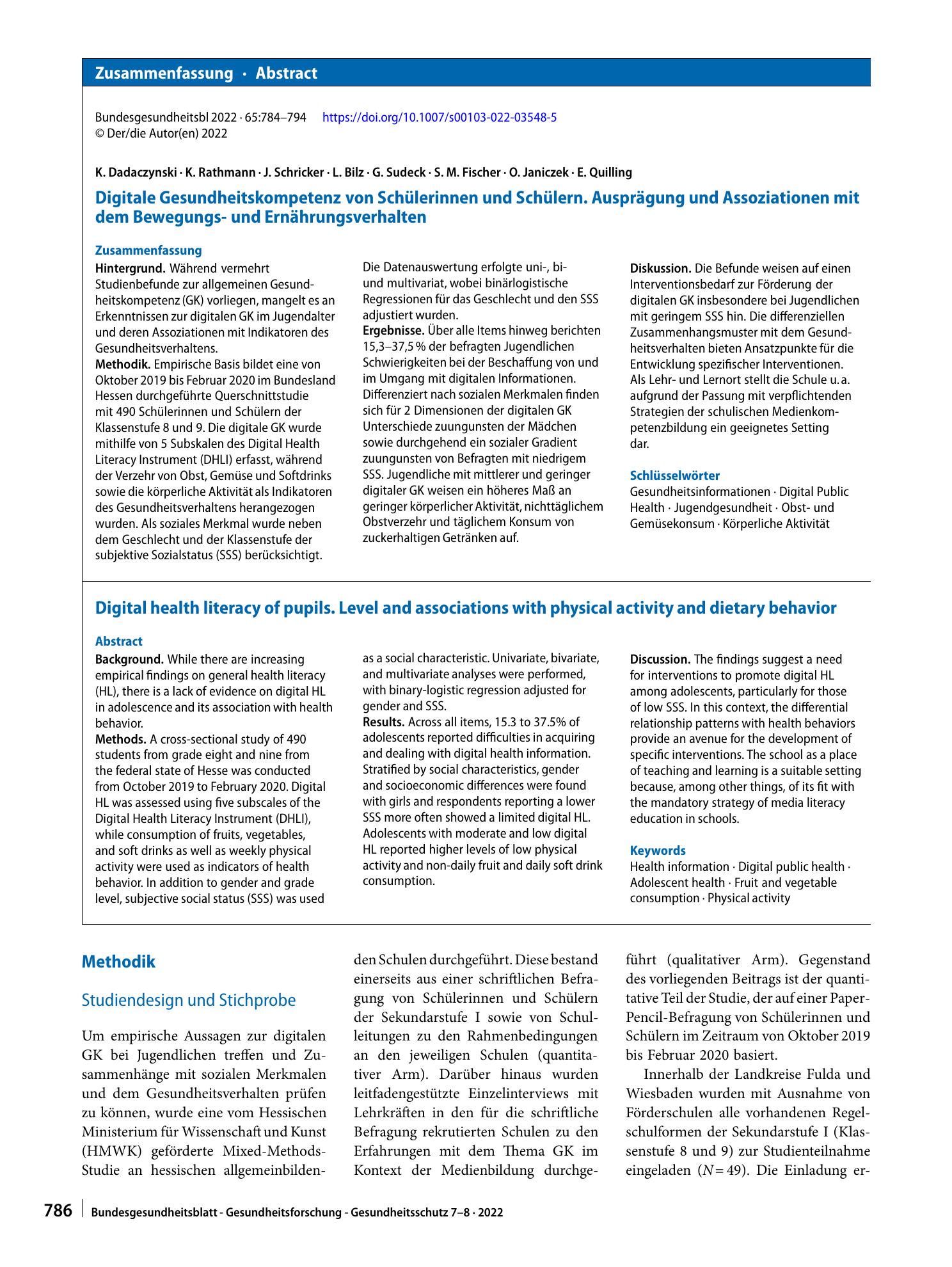 Vorschauseite 3: Digitale Gesundheitskompetenz von Schülerinnen und Schülern. Ausprägung und Assoziationen mit dem Bewegungs- und Ernährungsverhalten