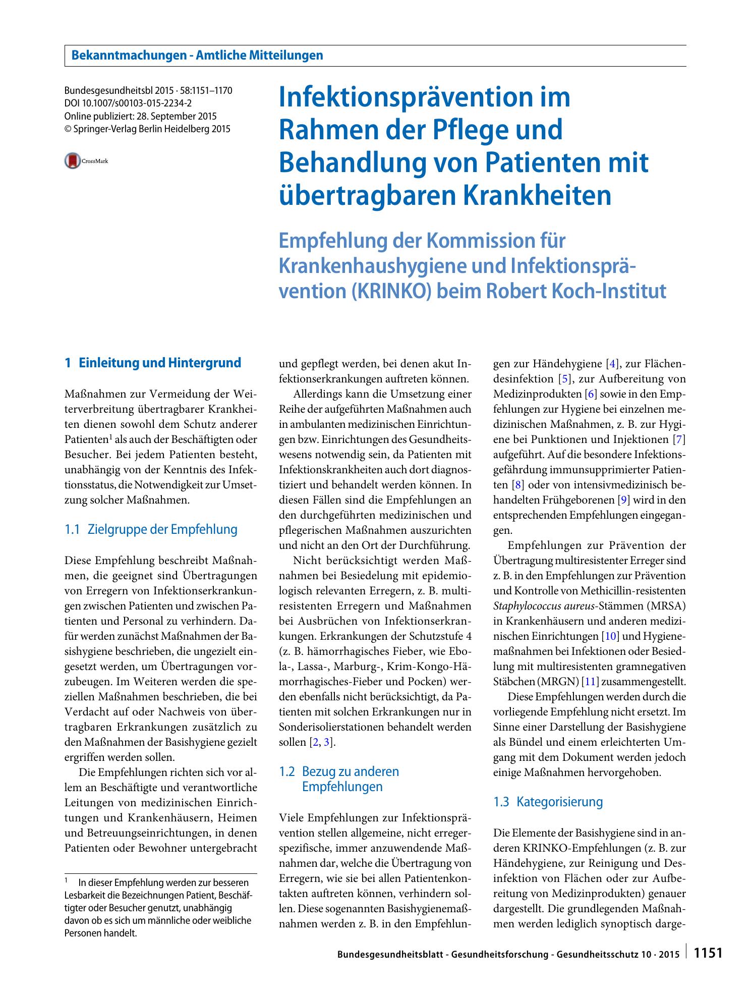 Vorschauseite 1: Infektionsprävention im Rahmen der Pflege und Behandlung von Patienten mit übertragbaren Krankheiten