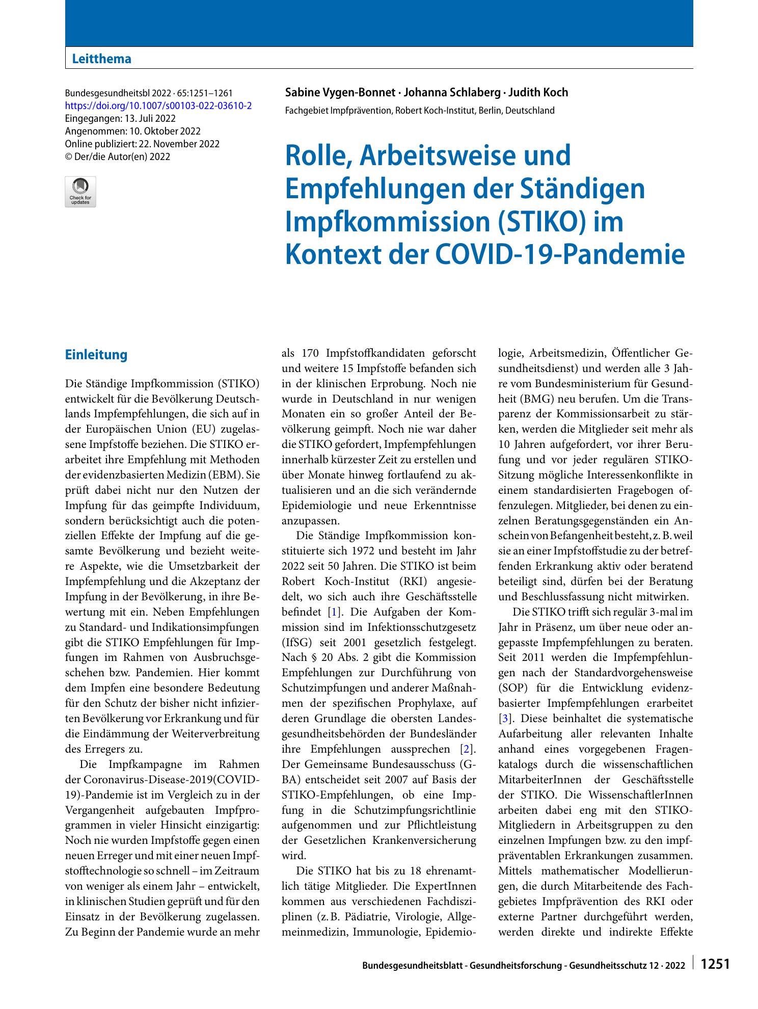 Vorschauseite 1: Rolle, Arbeitsweise und Empfehlungen der Ständigen Impfkommission (STIKO) im Kontext der COVID-19-Pandemie