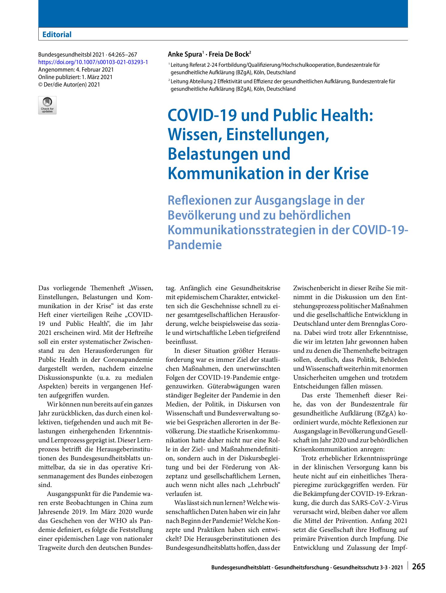 Vorschauseite 1: COVID-19 und Public Health: Wissen, Einstellungen, Belastungen und Kommunikation in der Krise