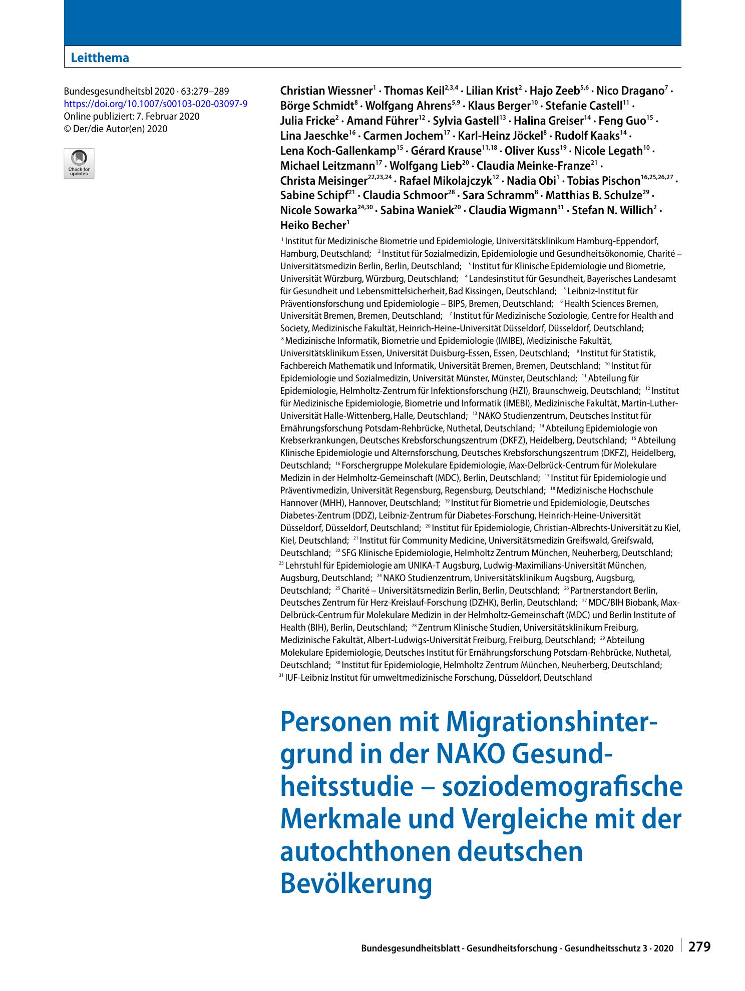 Vorschauseite 1: Personen mit Migrationshintergrund in der NAKO Gesundheitsstudie – soziodemografische Merkmale und Vergleiche mit der autochthonen deutschen Bevölkerung