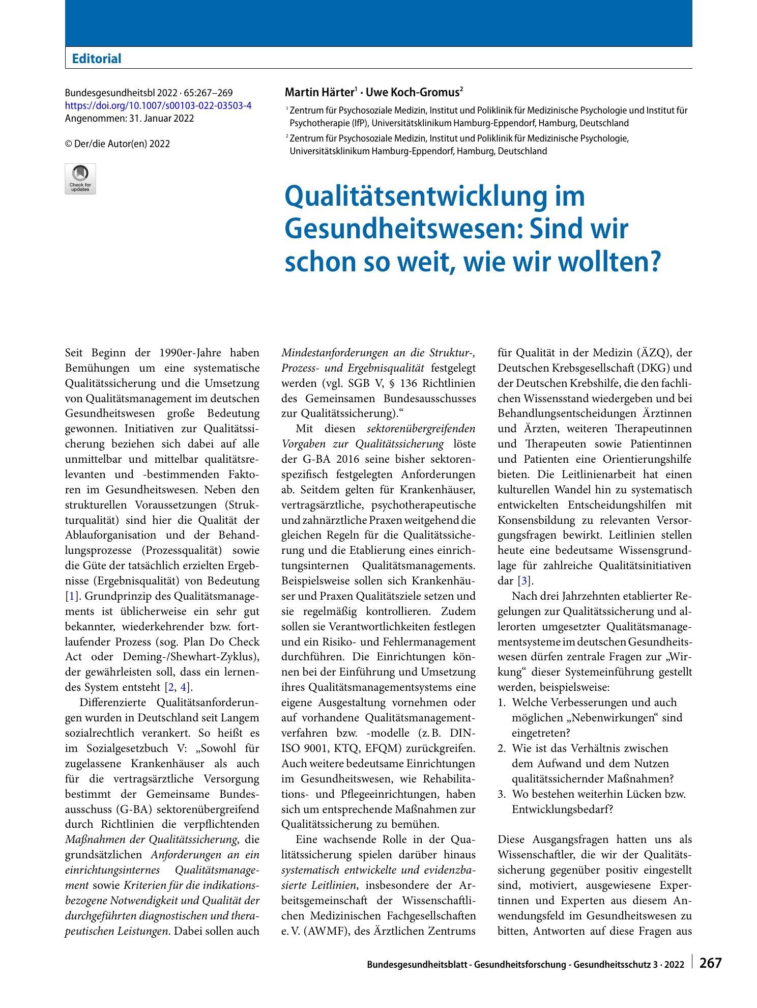 Vorschauseite 1: Qualitätsentwicklung im Gesundheitswesen: Sind wir schon so weit, wie wir wollten?