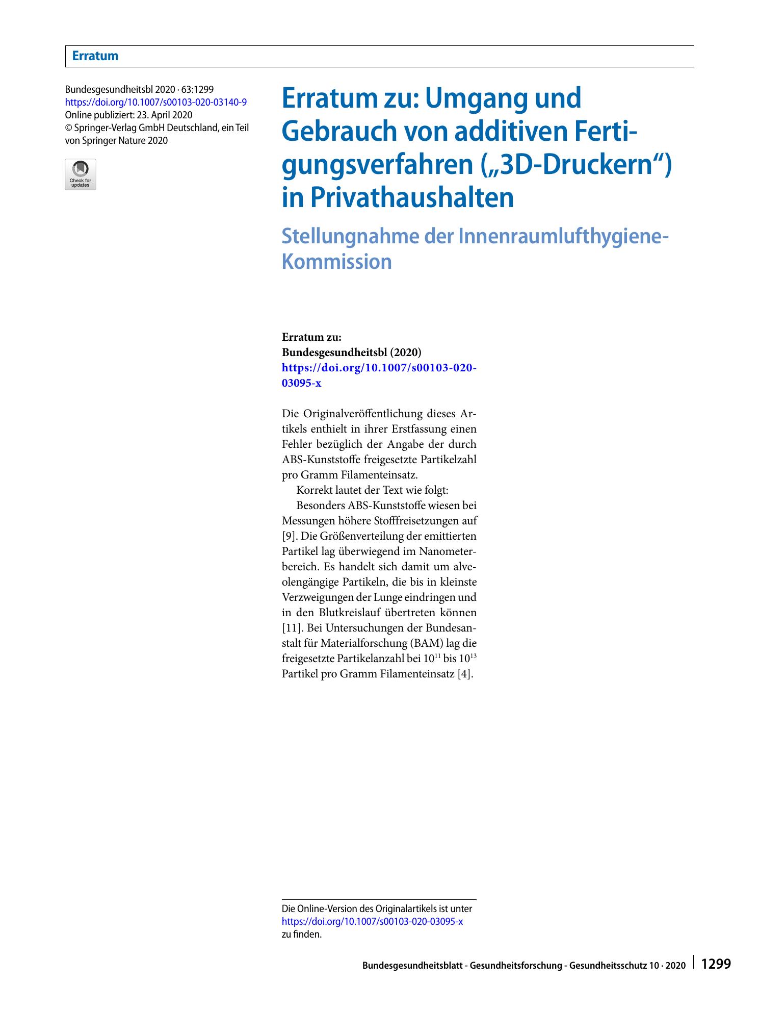 Vorschauseite 1: Erratum zu: Umgang und Gebrauch von additiven Fertigungsverfahren („3D-Druckern“) in Privathaushalten