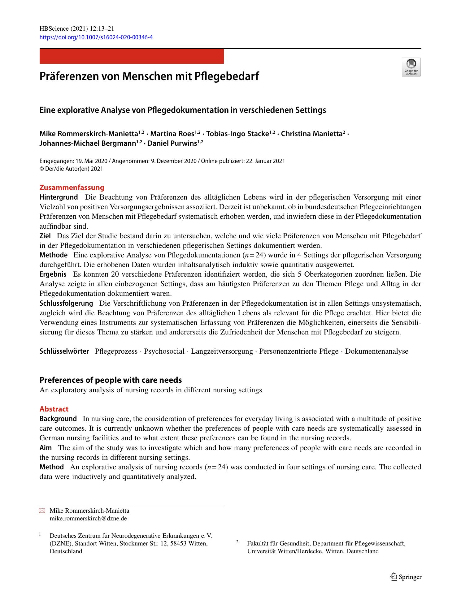 Vorschauseite 1: Präferenzen von Menschen mit Pflegebedarf