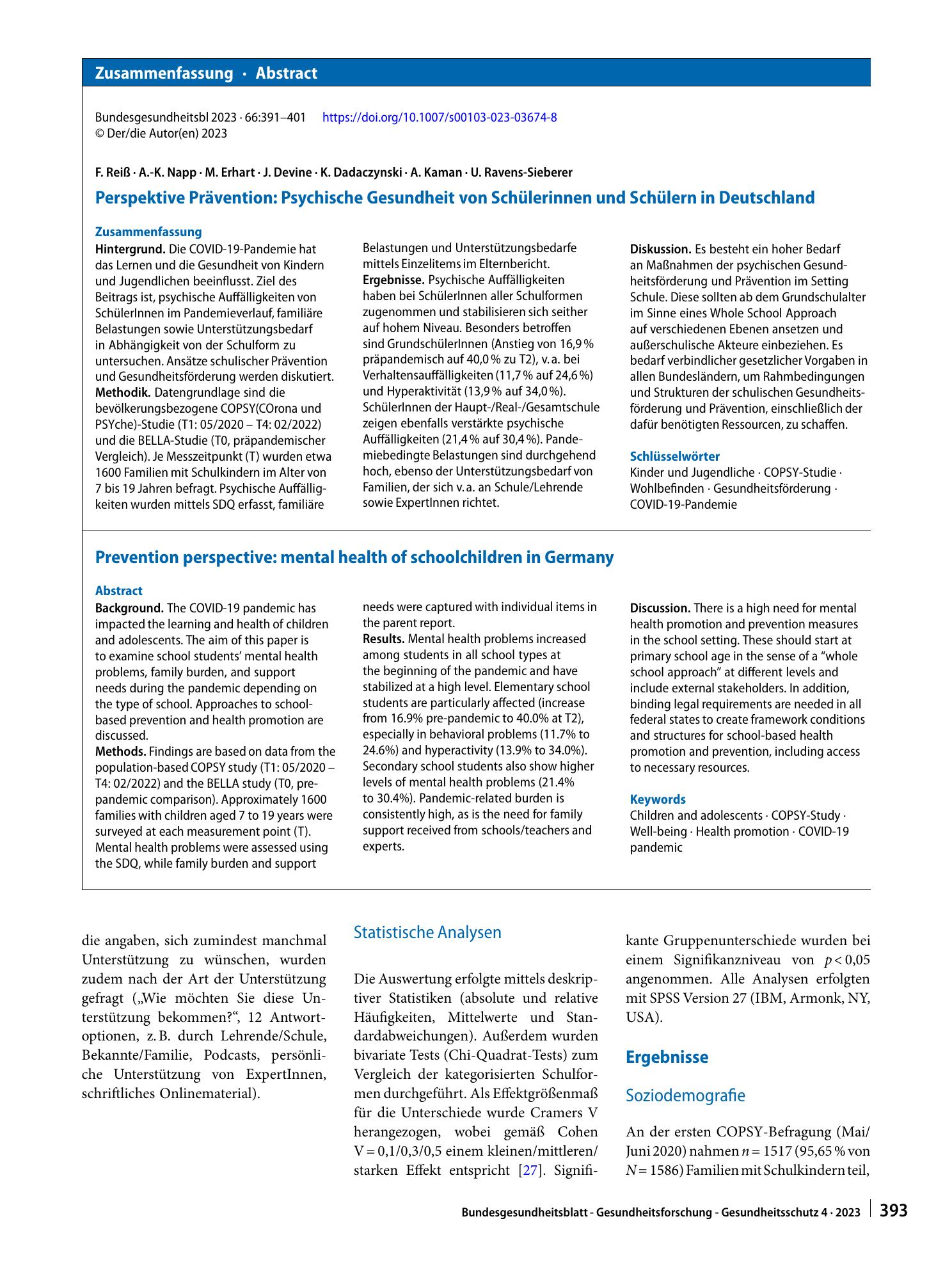 Vorschauseite 3: Perspektive Prävention: Psychische Gesundheit von Schülerinnen und Schülern in Deutschland
