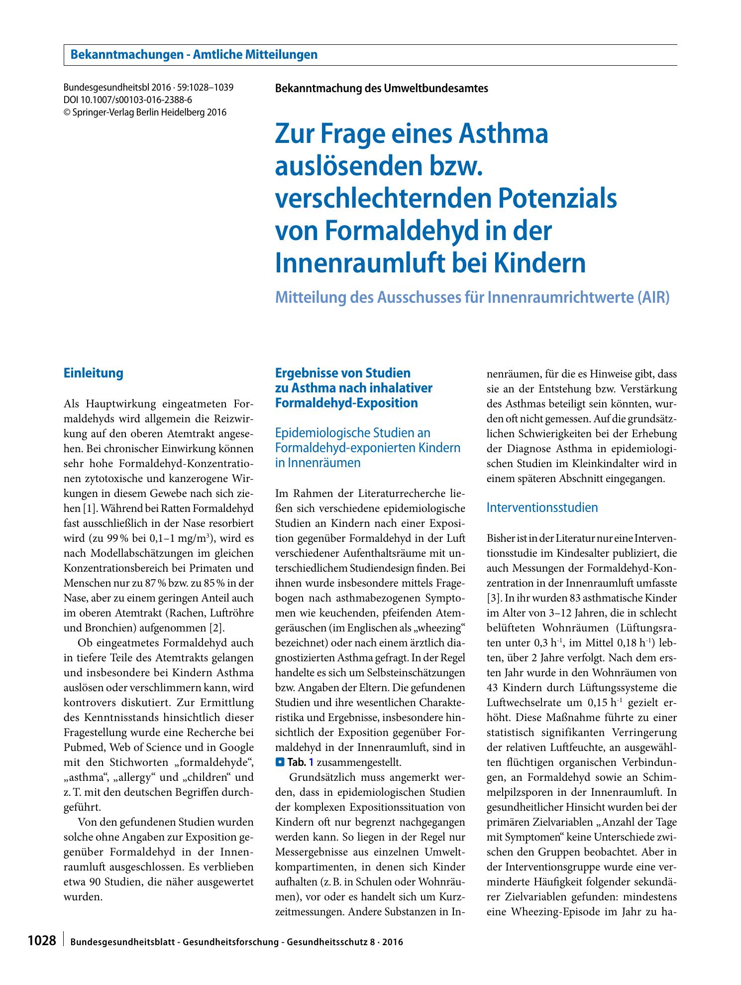Vorschauseite 1: Zur Frage eines Asthma auslösenden bzw. verschlechternden Potenzials von Formaldehyd in der Innenraumluft bei Kindern