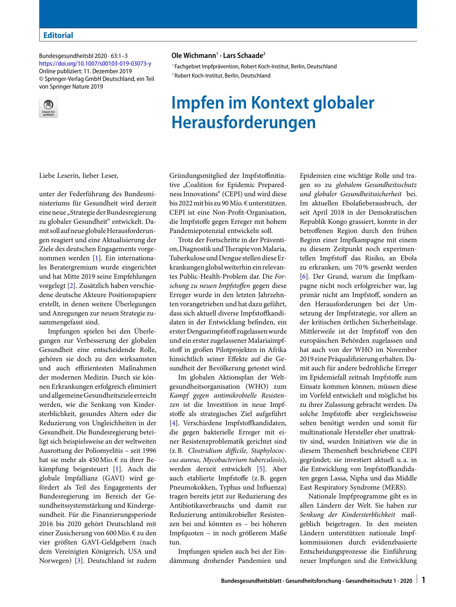 Vorschauseite 1: Impfen im Kontext globaler Herausforderungen