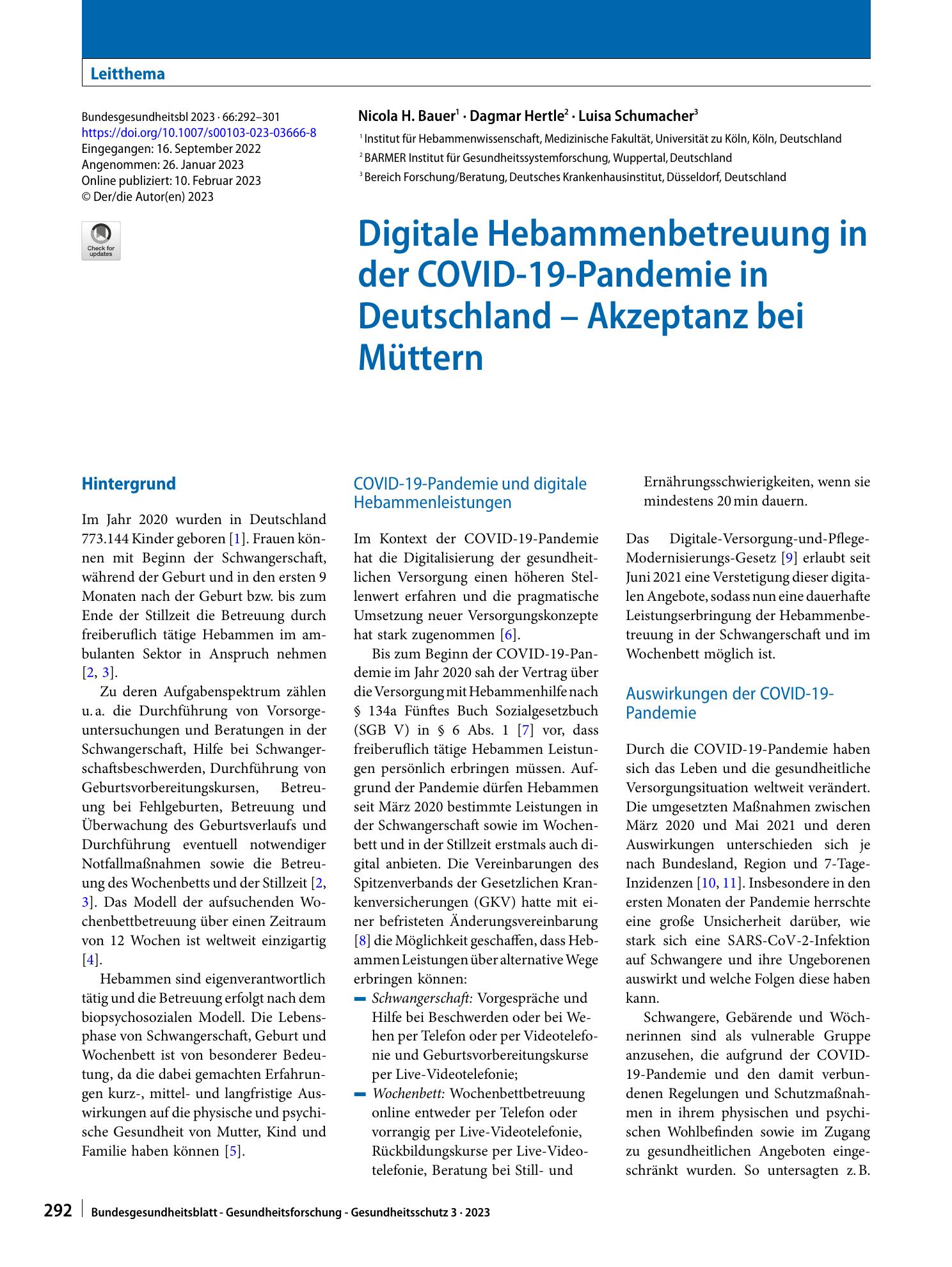 Vorschauseite 1: Digitale Hebammenbetreuung in der COVID-19-Pandemie in Deutschland – Akzeptanz bei Müttern