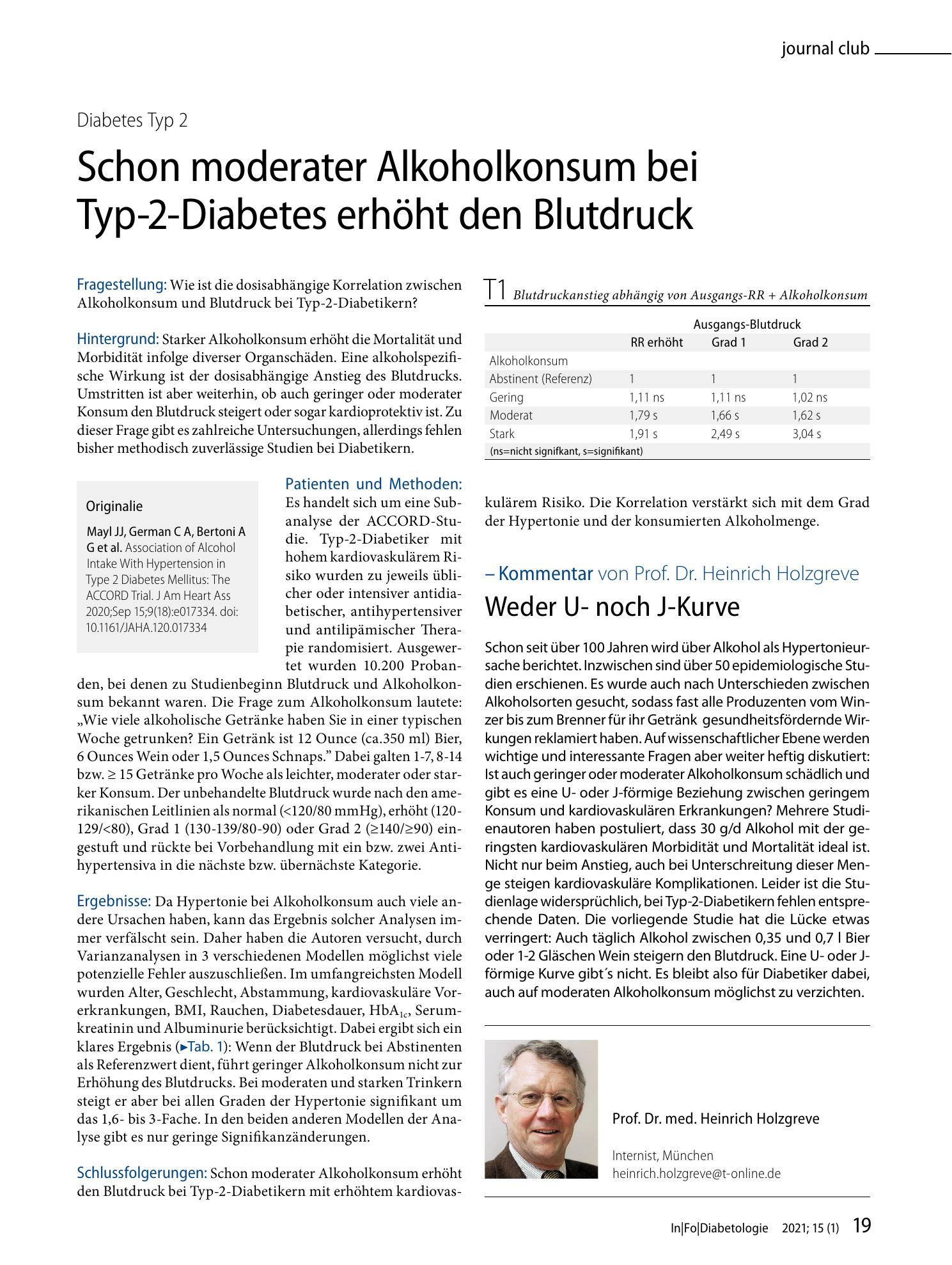 Vorschauseite 1: Schon moderater Alkoholkonsum bei Typ-2-Diabetes erhöht den Blutdruck