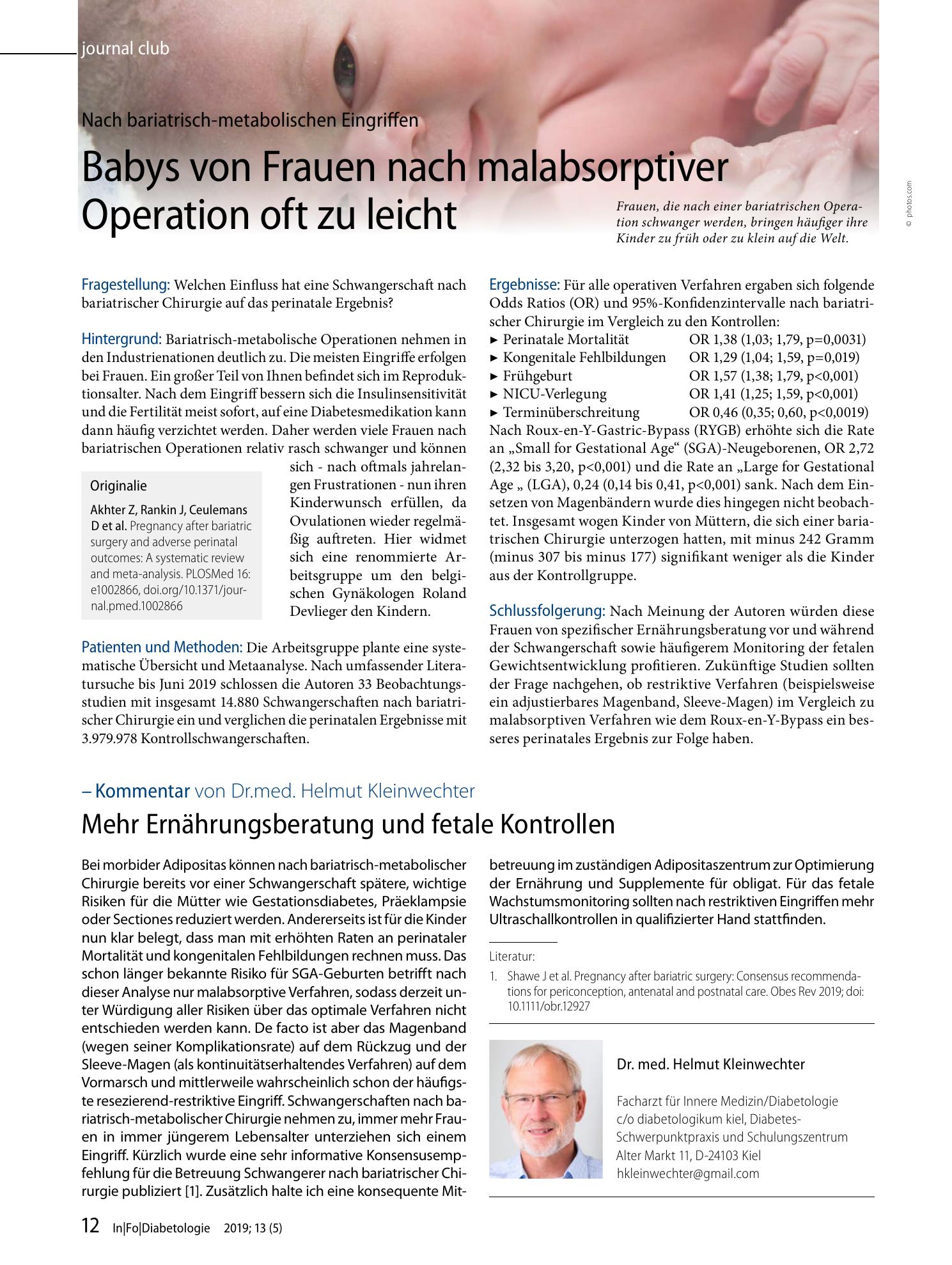 Vorschauseite 1: Babys von Frauen nach malabsorptiver Operation oft zu leicht