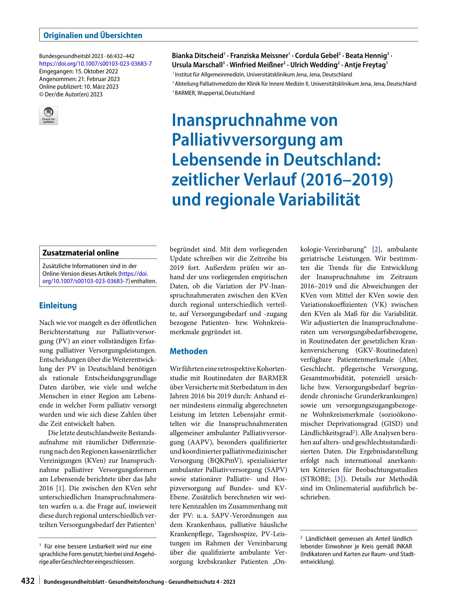 Vorschauseite 1: Inanspruchnahme von Palliativversorgung am Lebensende in Deutschland: zeitlicher Verlauf (2016–2019) und regionale Variabilität