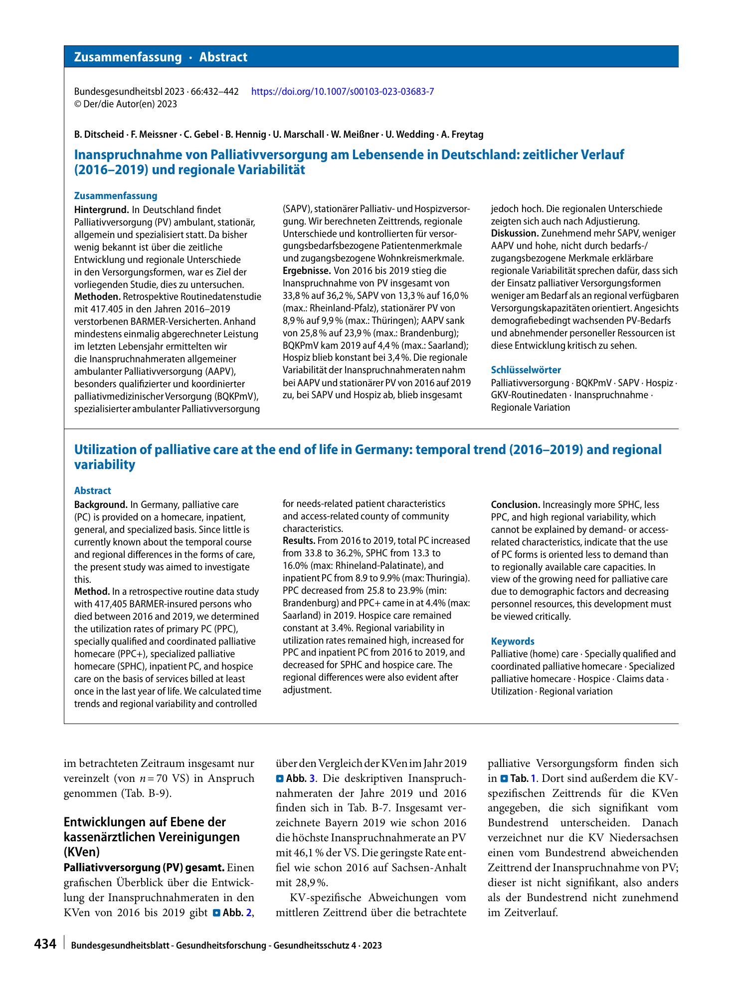 Vorschauseite 3: Inanspruchnahme von Palliativversorgung am Lebensende in Deutschland: zeitlicher Verlauf (2016–2019) und regionale Variabilität