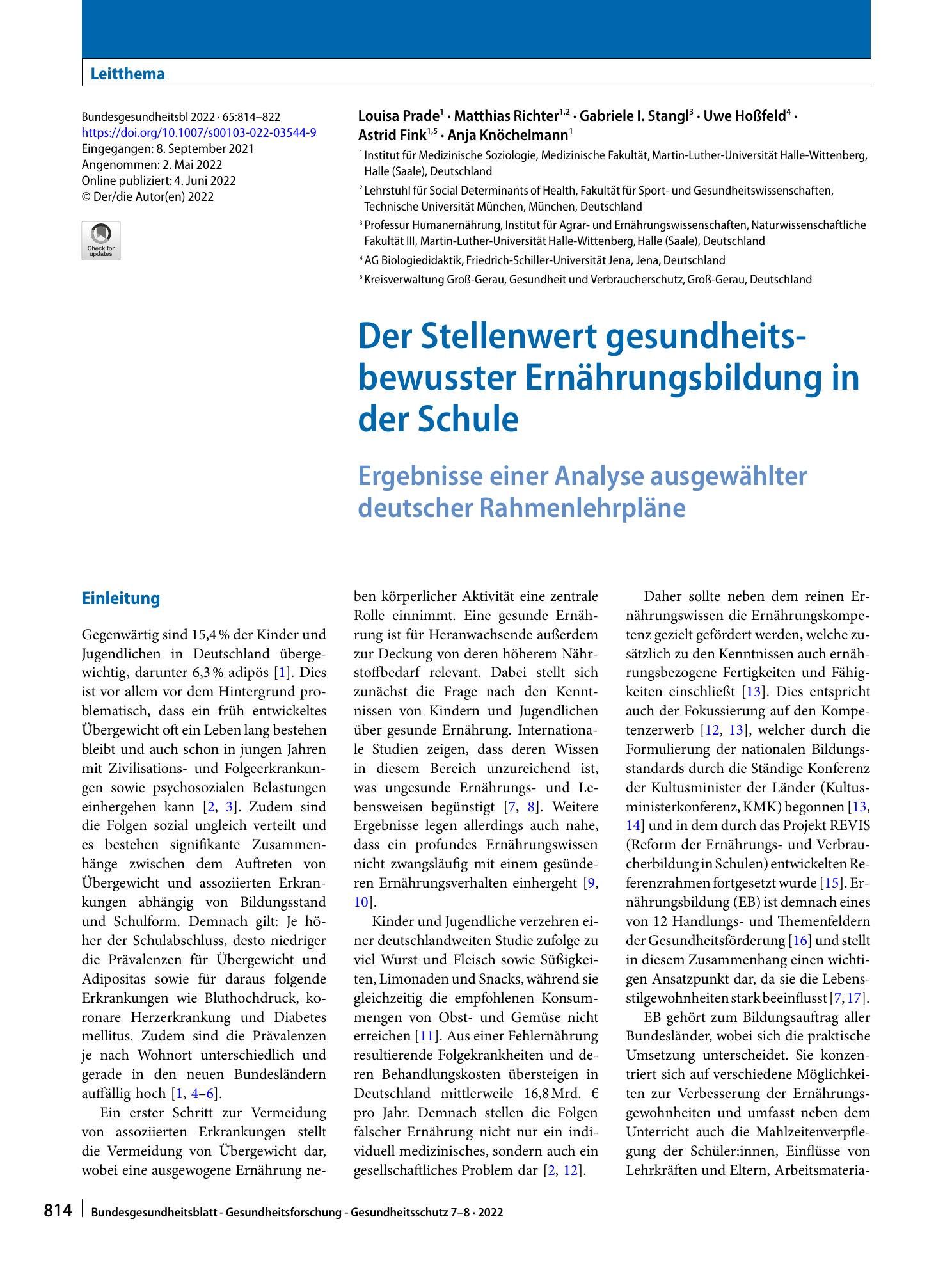 Vorschauseite 1: Der Stellenwert gesundheitsbewusster Ernährungsbildung in der Schule