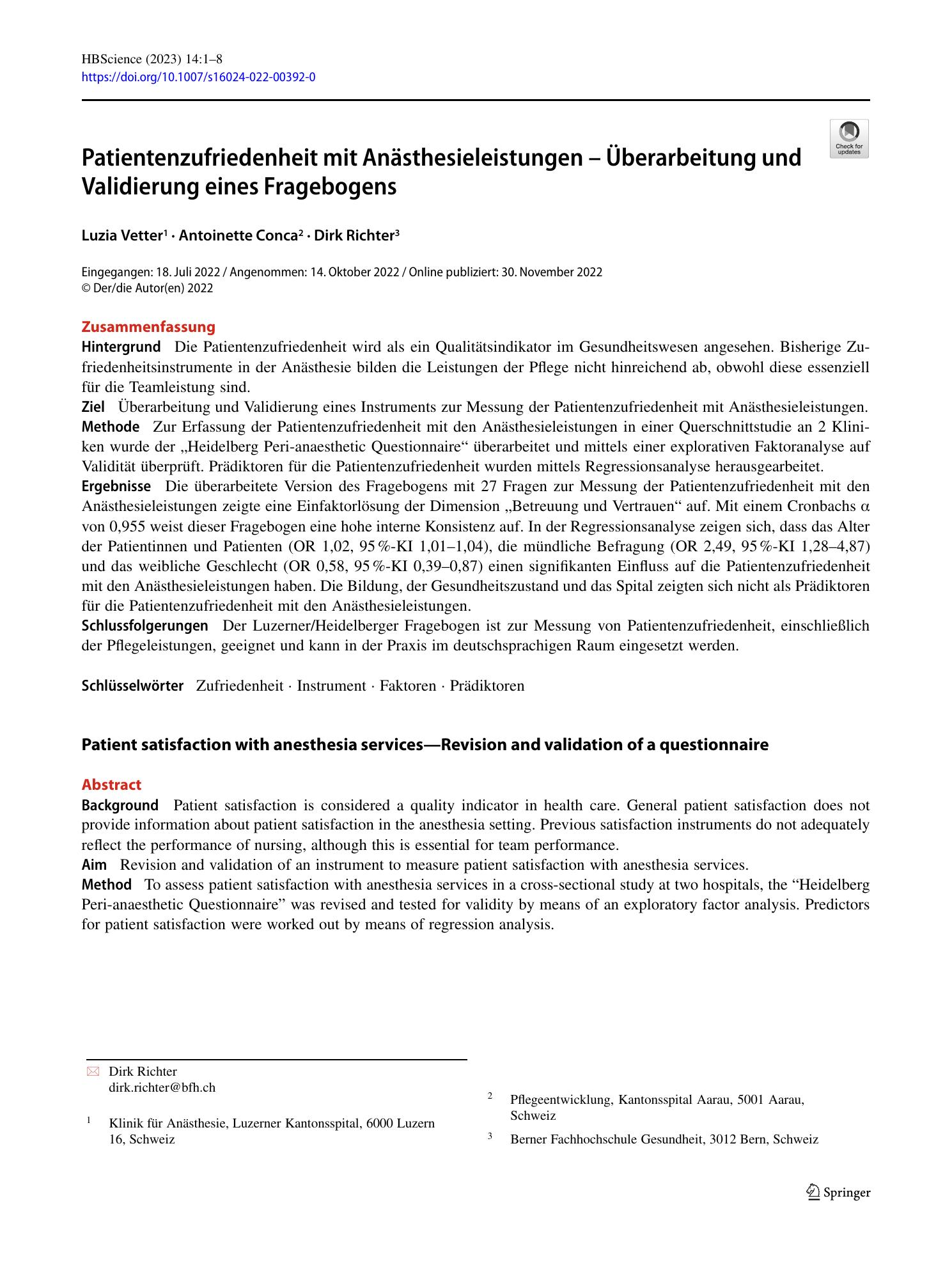 Vorschauseite 1: Patientenzufriedenheit mit Anästhesieleistungen – Überarbeitung und Validierung eines Fragebogens