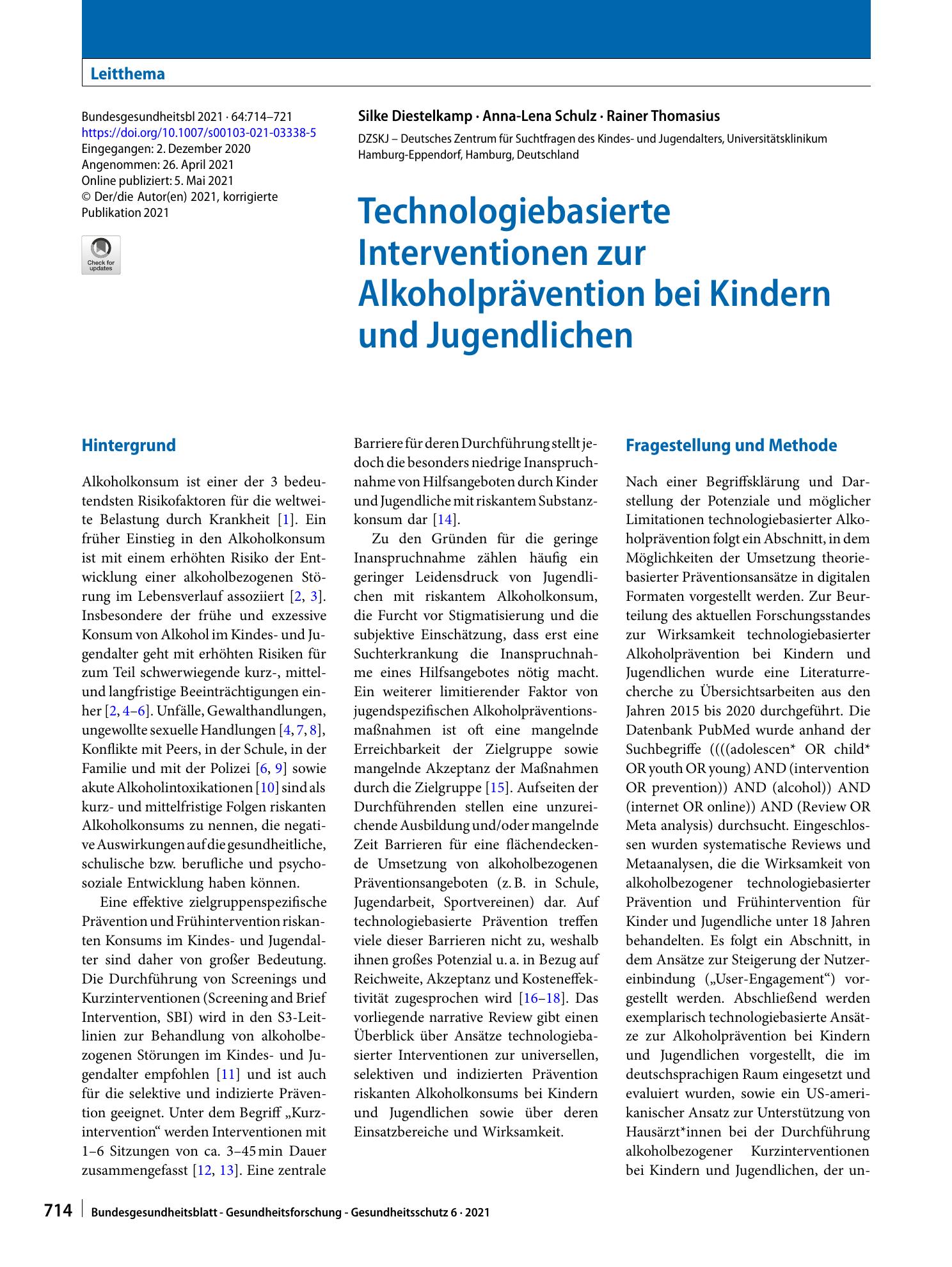 Vorschauseite 1: Technologiebasierte Interventionen zur Alkoholprävention bei Kindern und Jugendlichen