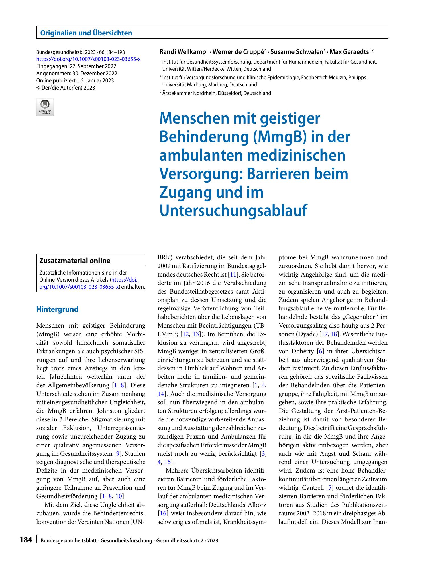 Vorschauseite 1: Menschen mit geistiger Behinderung (MmgB) in der ambulanten medizinischen Versorgung: Barrieren beim Zugang und im Untersuchungsablauf