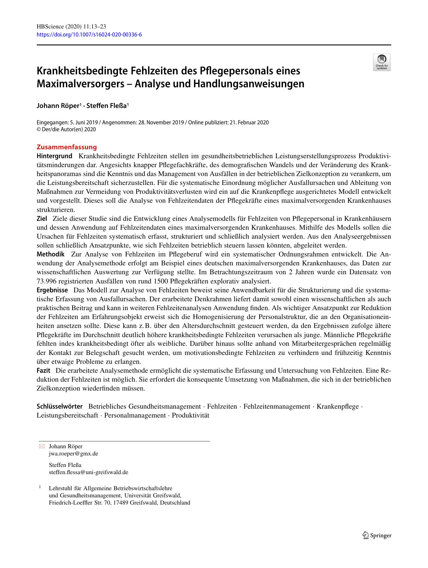 Vorschauseite 1: Krankheitsbedingte Fehlzeiten des Pflegepersonals eines Maximalversorgers – Analyse und Handlungsanweisungen