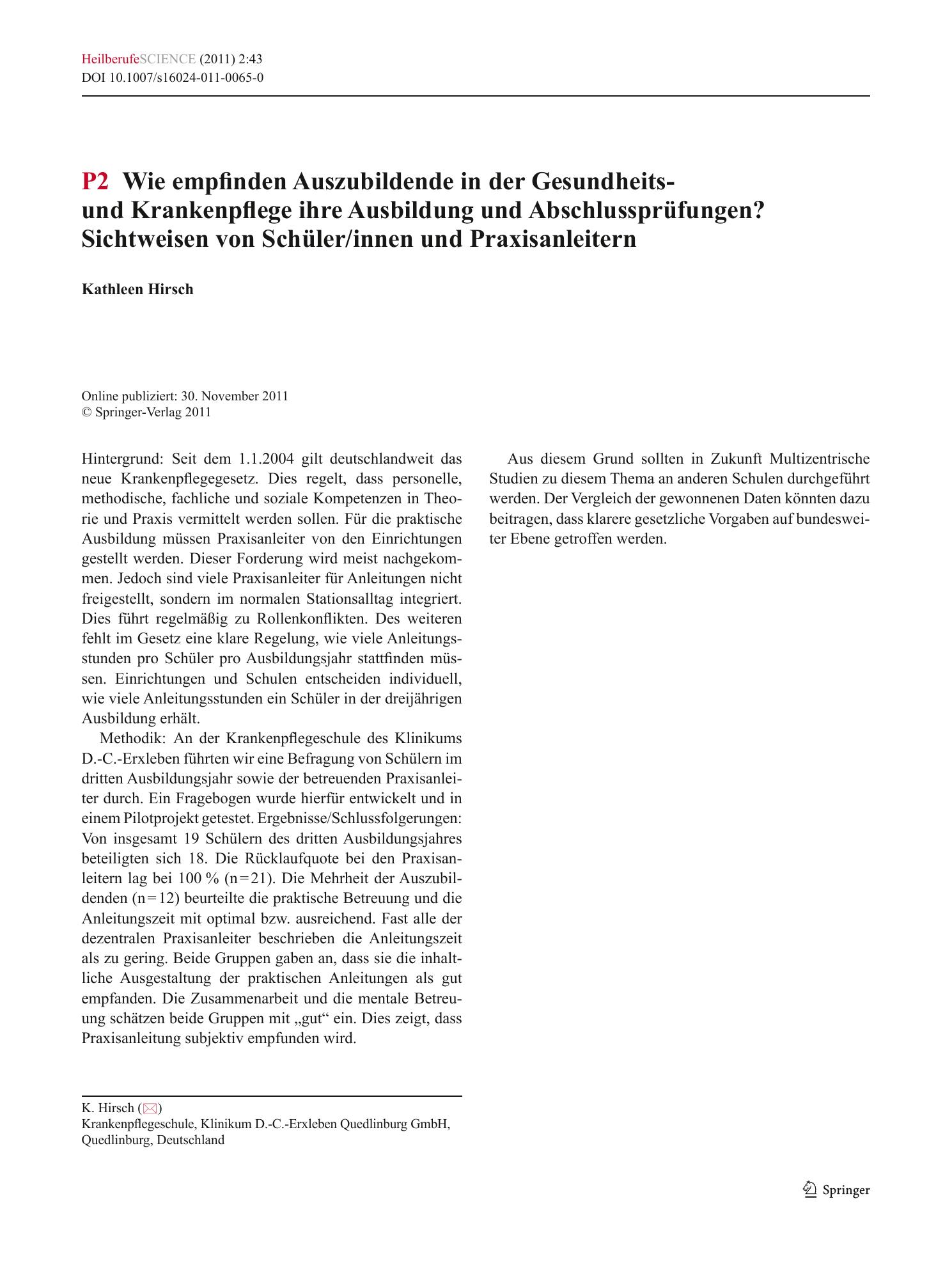 Vorschauseite 1: P2 Wie empfinden Auszubildende in der Gesundheits- und Krankenpflege