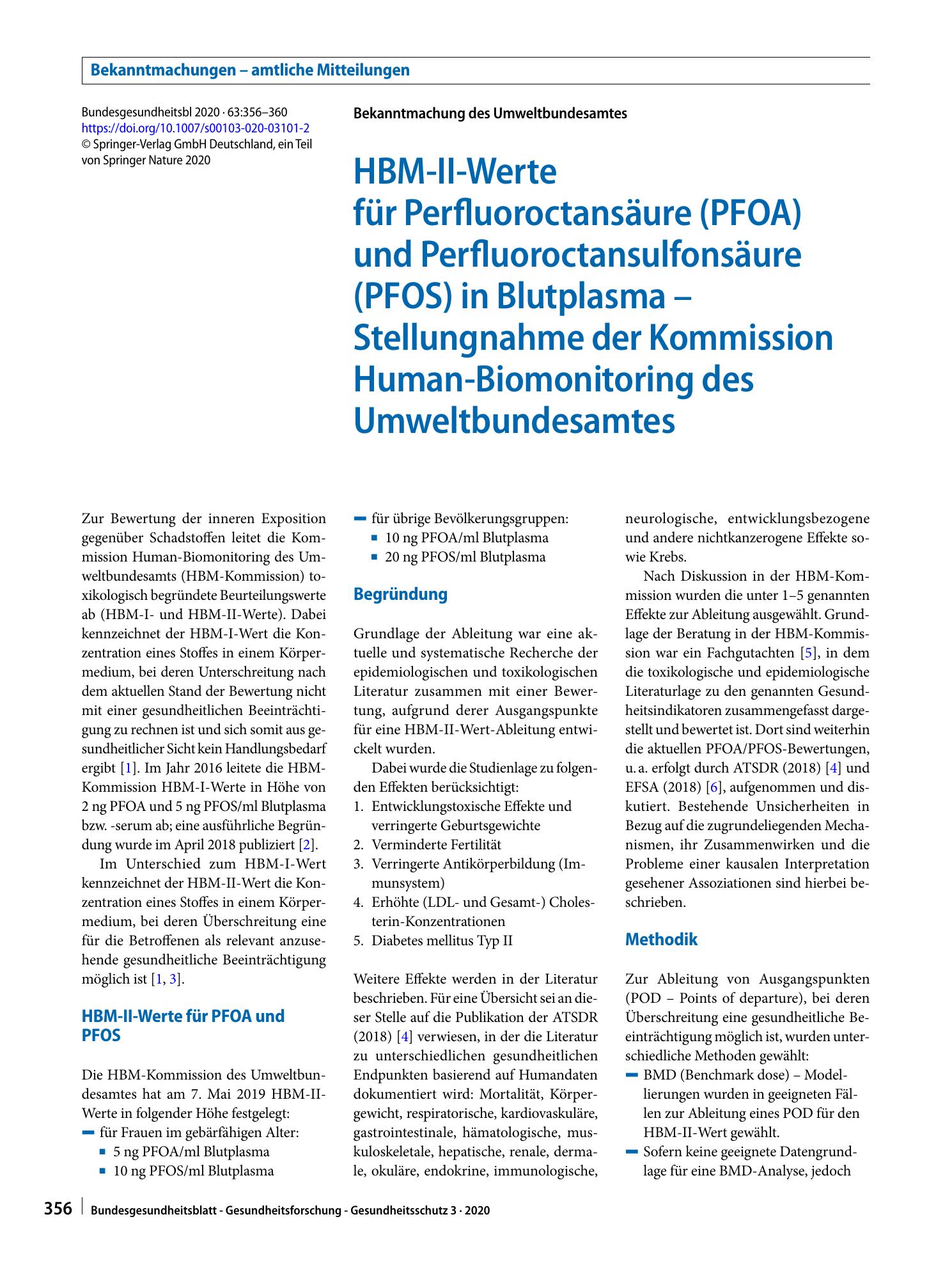 Vorschauseite 1: HBM-II-Werte für Perfluoroctansäure (PFOA) und Perfluoroctansulfonsäure (PFOS) in Blutplasma – Stellungnahme der Kommission Human-Biomonitoring des Umweltbundesamtes