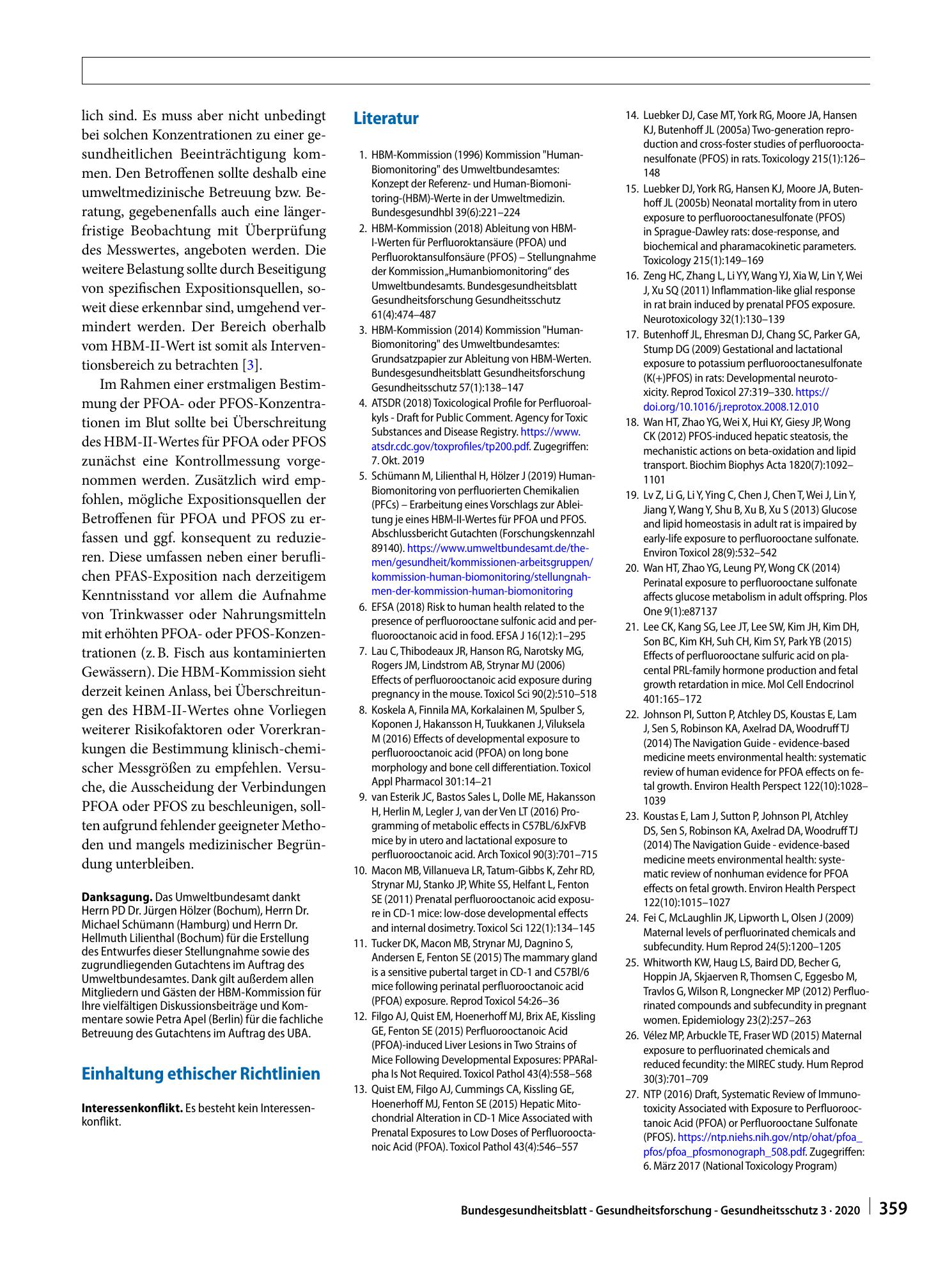 Vorschauseite 4: HBM-II-Werte für Perfluoroctansäure (PFOA) und Perfluoroctansulfonsäure (PFOS) in Blutplasma – Stellungnahme der Kommission Human-Biomonitoring des Umweltbundesamtes