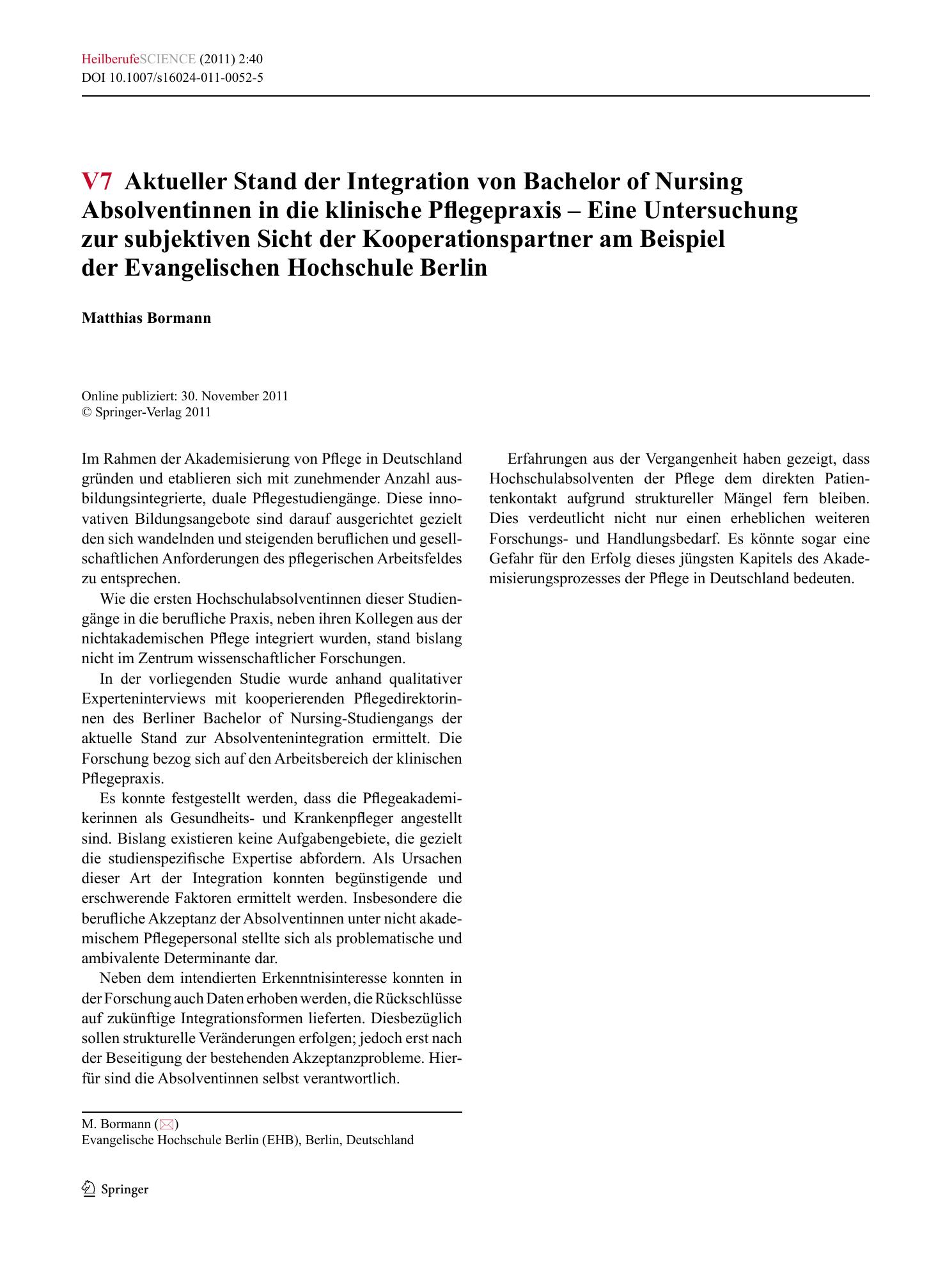 Vorschauseite 1: V7 Aktueller Stand der Integration von Bachelor of Nursing Absolventinnen