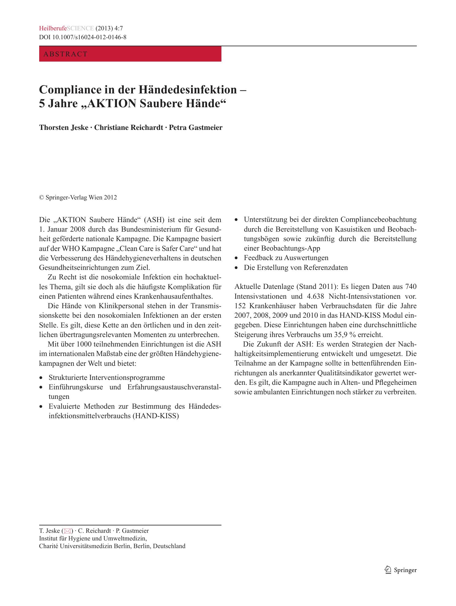 Vorschauseite 1: Compliance in der Händedesinfektion – 5 Jahre „AKTION Saubere Hände“