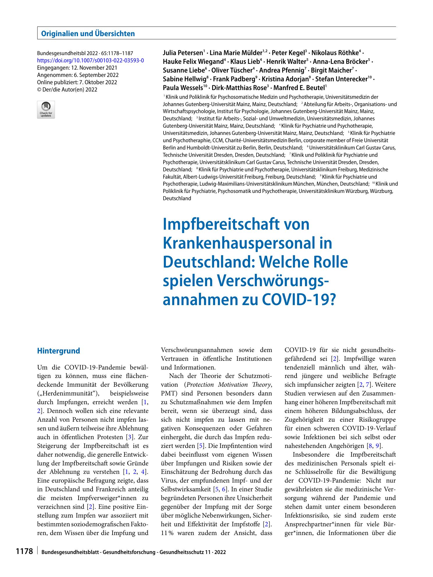Vorschauseite 1: Impfbereitschaft von Krankenhauspersonal in Deutschland: Welche Rolle spielen Verschwörungsannahmen zu COVID-19?