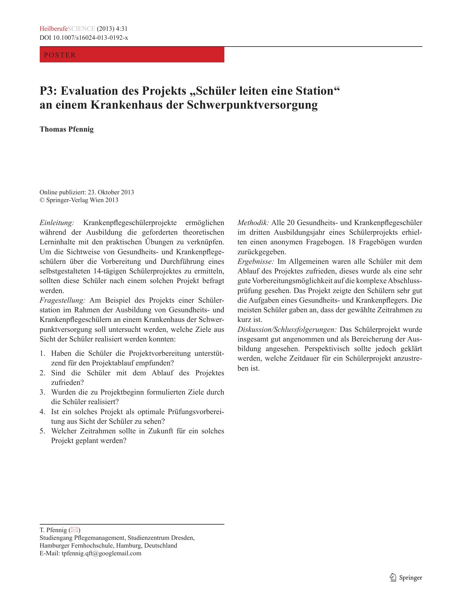 Vorschauseite 1: P3: Evaluation des Projekts „Schüler leiten eine Station“ an einem Krankenhaus der Schwerpunktversorgung